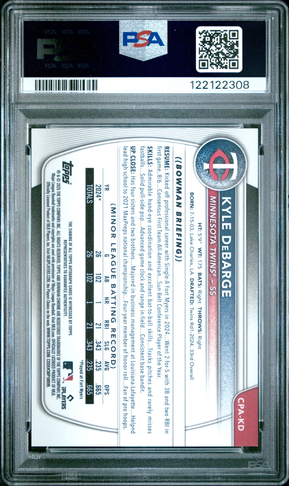 2025 Bowman Chrome Prospect Autographs Kyle Debarge #Cpakd (Chrome Pros Au-Gold Ref) Mint 9 back