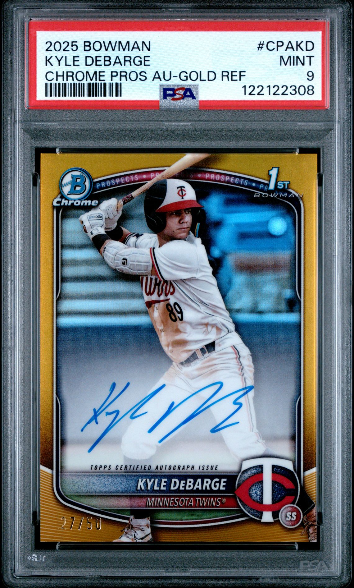 2025 Bowman Chrome Prospect Autographs Kyle Debarge #Cpakd (Chrome Pros Au-Gold Ref) Mint 9 front