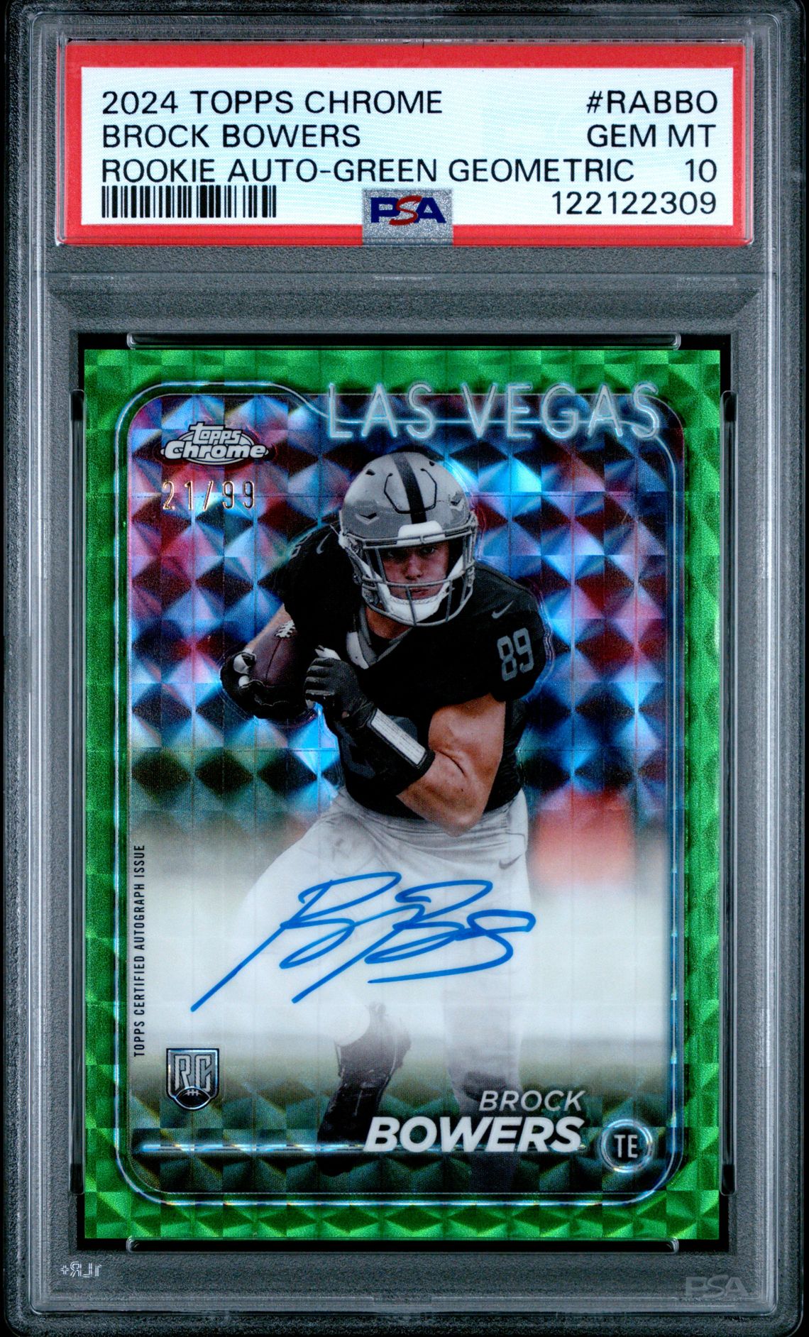 2024 Topps Chrome Rookie Autographs Variations Brock Bowers #Rabbo (Rookie Auto-Green Geometric) Gem Mt 10 front