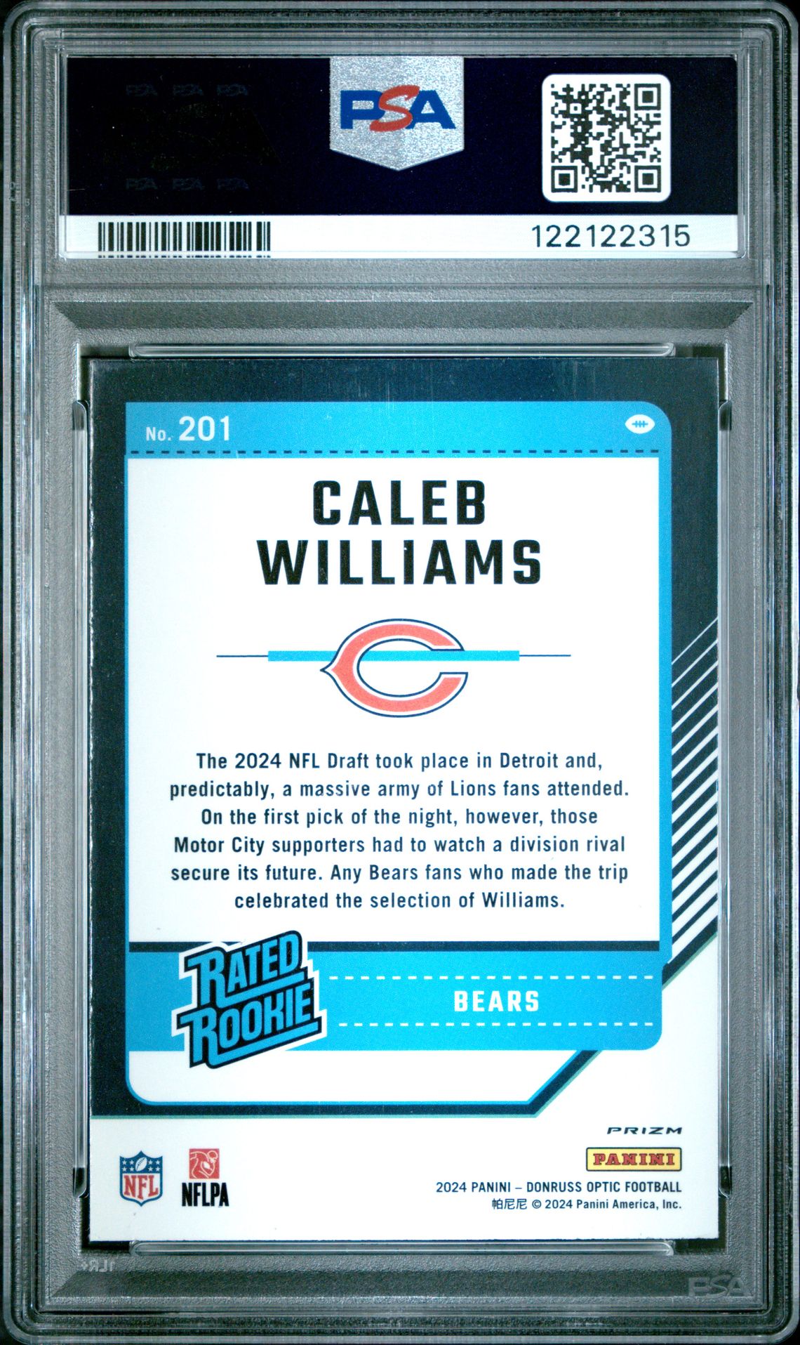 2024 Panini Donruss Optic Caleb Williams #201 (Blue Hyper) Mint 9 back