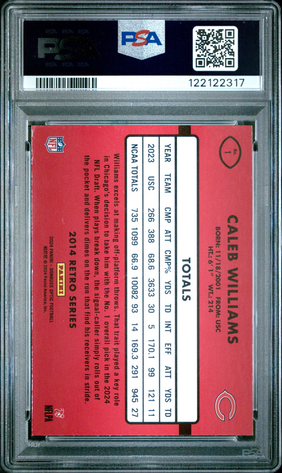 2024 Panini Donruss Optic 2014 Retro Series Caleb Williams #1 Gem Mt 10 back