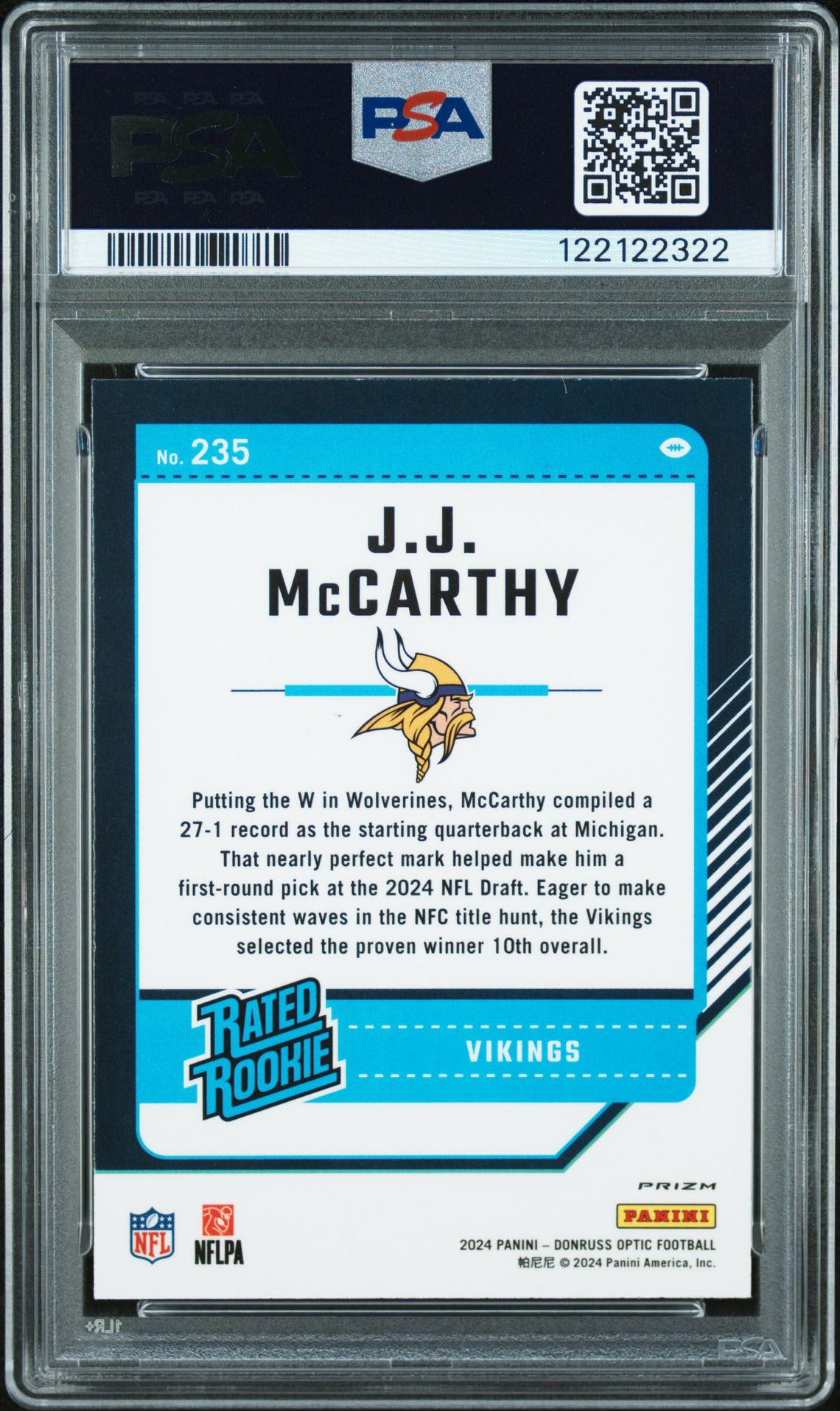 2024 Panini Donruss Optic Jj Mccarthy #235 (Pink) Gem Mt 10 back