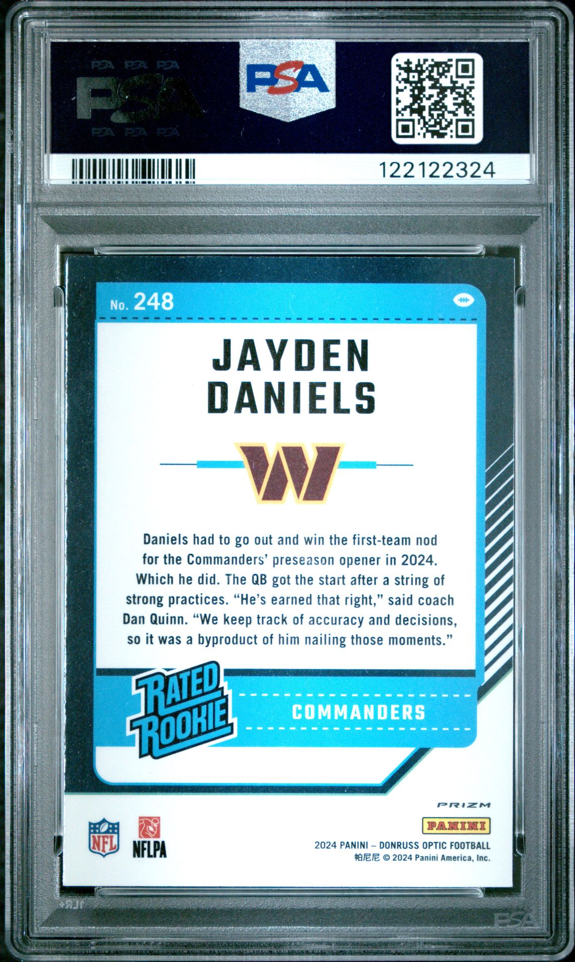 2024 Panini Donruss Optic Jayden Daniels #248 (Green Hyper) Mint 9 back