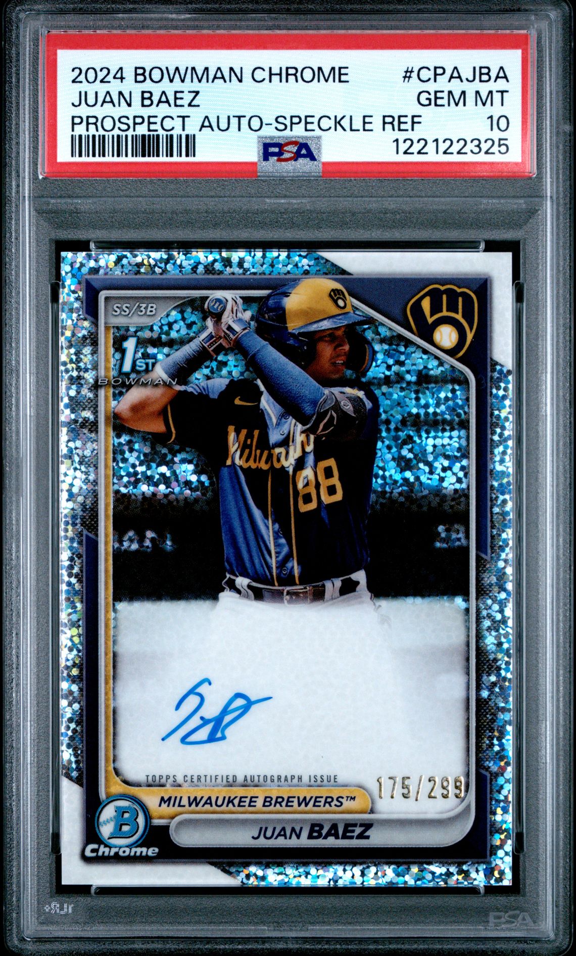 2024 Bowman Chrome Prospect Autographs Juan Baez #Cpajba (Prospect Auto-Speckle Ref) Gem Mt 10 front