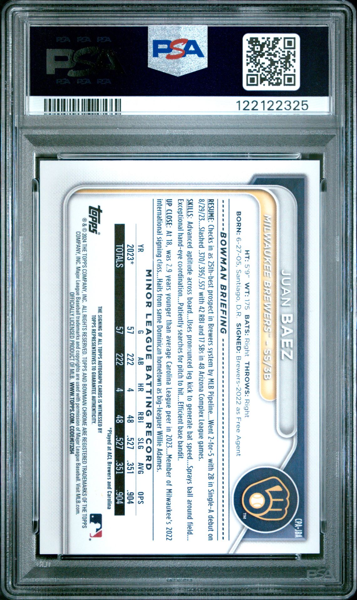 2024 Bowman Chrome Prospect Autographs Juan Baez #Cpajba (Prospect Auto-Speckle Ref) Gem Mt 10 back