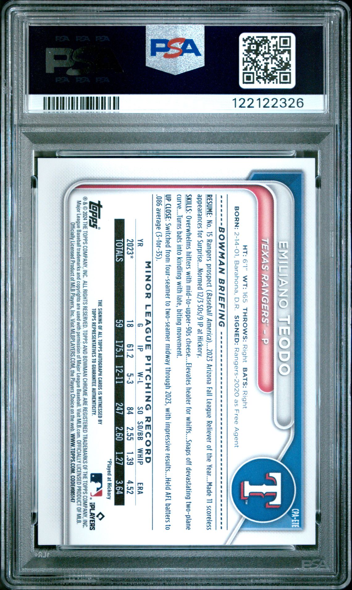 2024 Bowman Chrome Prospect Autographs Emiliano Teodo #Cpaete (Prospect Au-Blue Raywave) Gem Mt 10 back