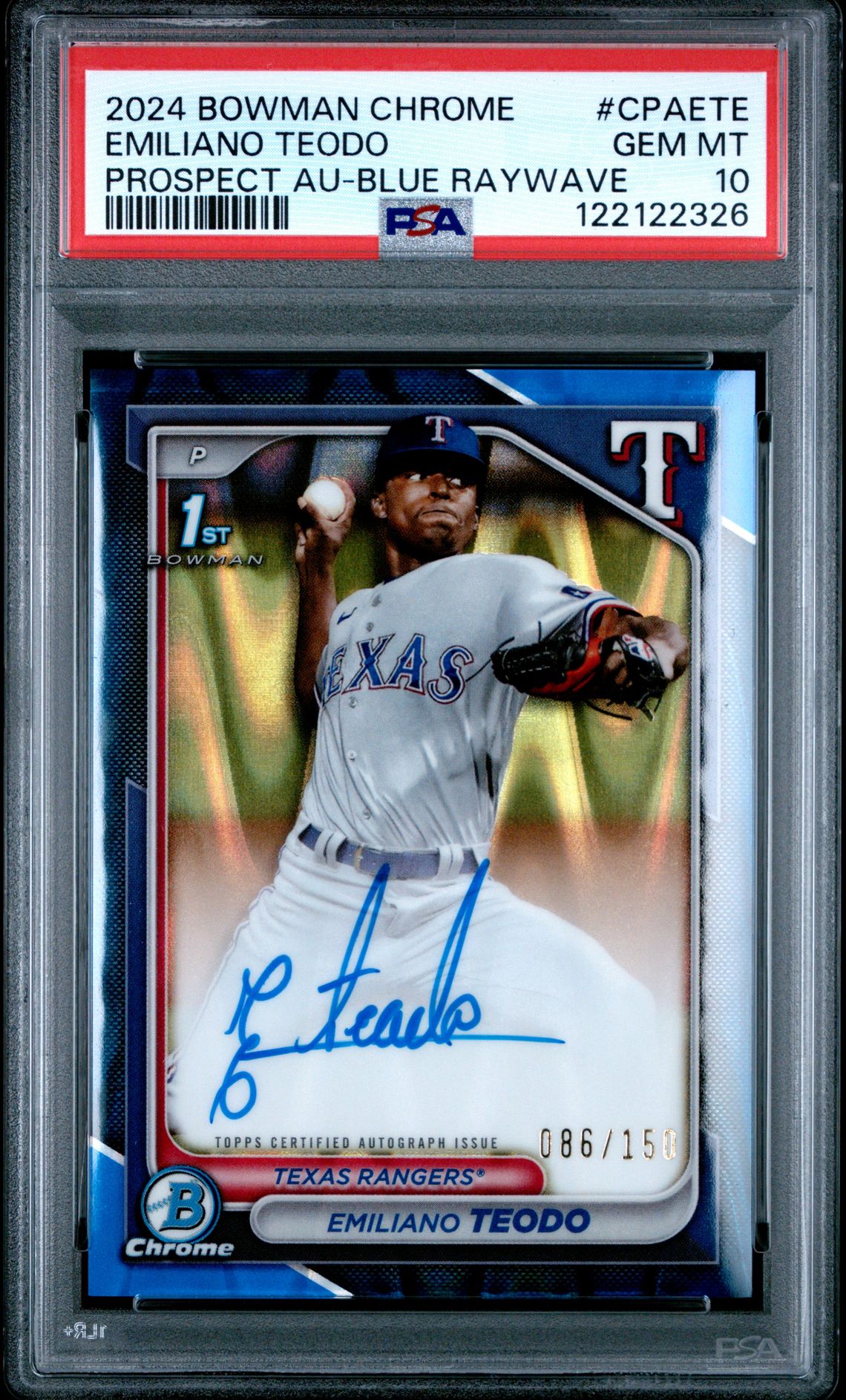 2024 Bowman Chrome Prospect Autographs Emiliano Teodo #Cpaete (Prospect Au-Blue Raywave) Gem Mt 10 front