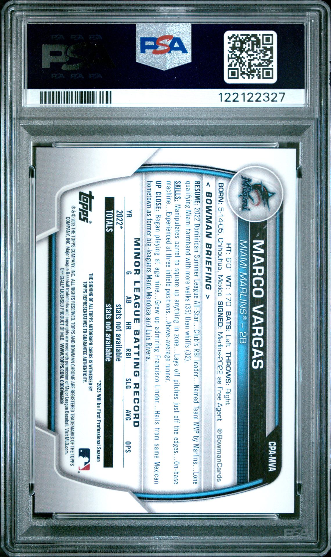 2023 Bowman Chrome Prospect Autographs Marco Vargas #Cpamva (Prospect Auto-Purple Ref) Gem Mt 10 back