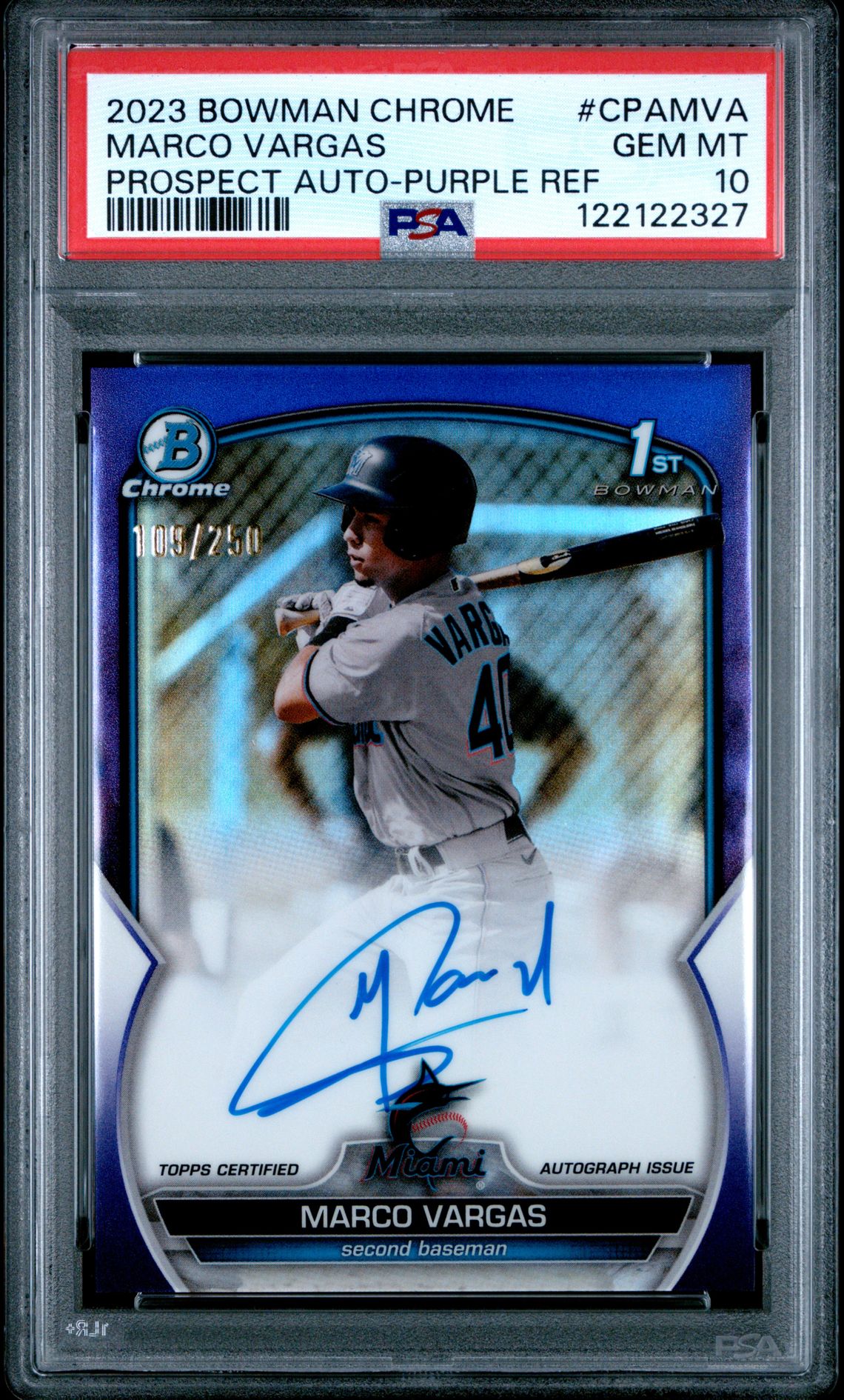 2023 Bowman Chrome Prospect Autographs Marco Vargas #Cpamva (Prospect Auto-Purple Ref) Gem Mt 10 front