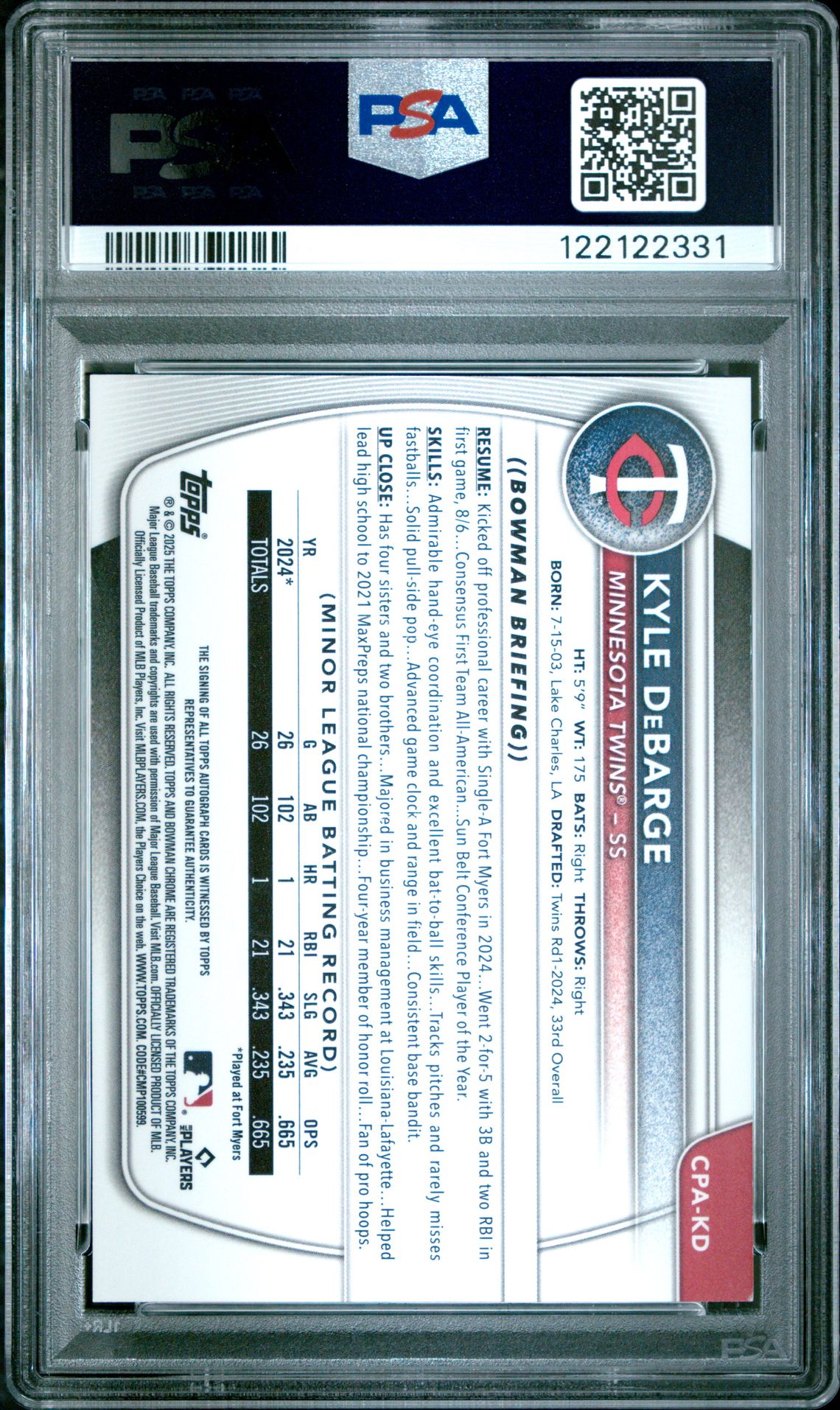 2025 Bowman Chrome Prospect Autographs Kyle Debarge #Cpakd (Chrome Pros Au-Green Grass) Mint 9 back