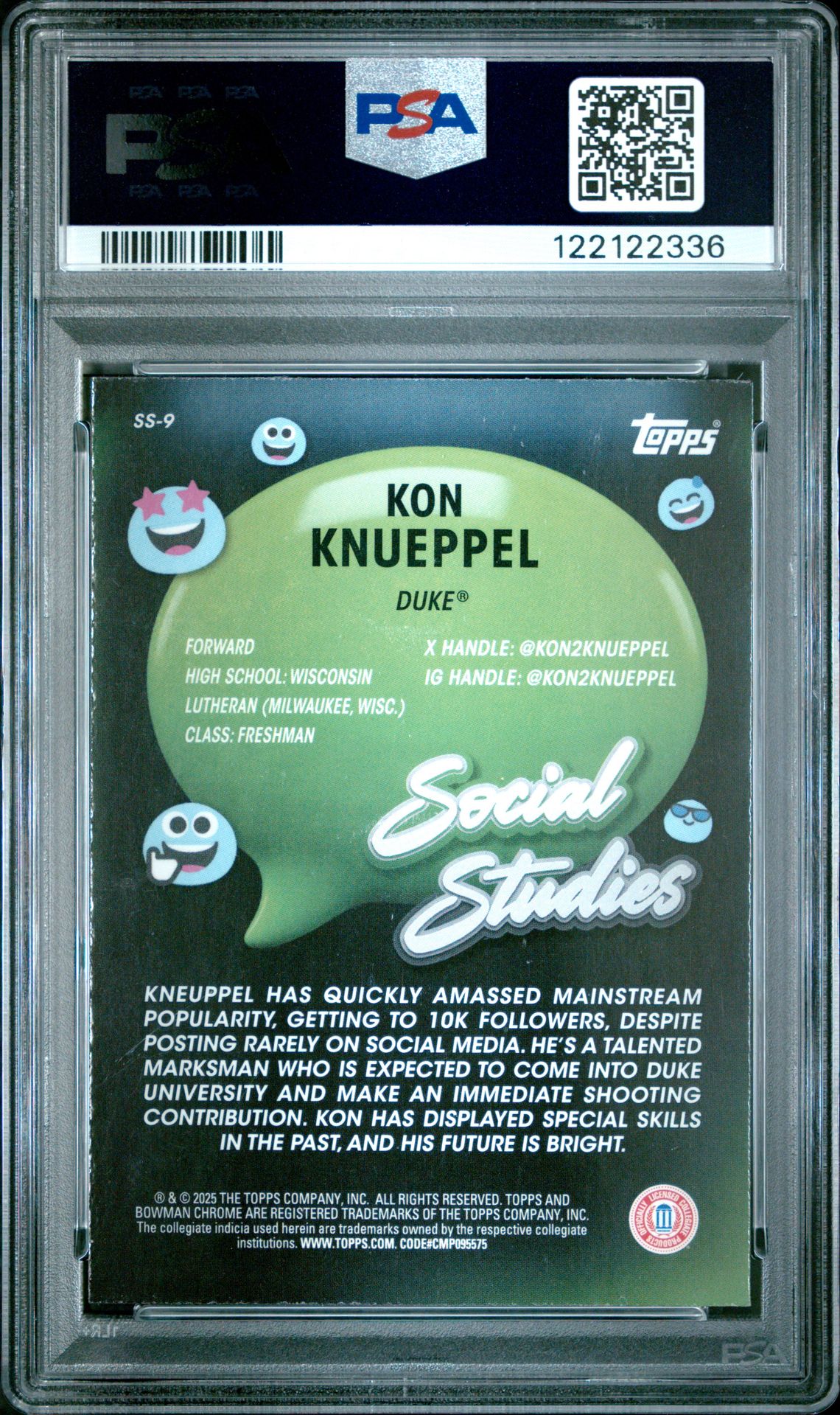 2024 Bowman Chrome University Social Studies Kon Knueppel #Ss9 (Social Studies-X-Fractor) Mint 9 back