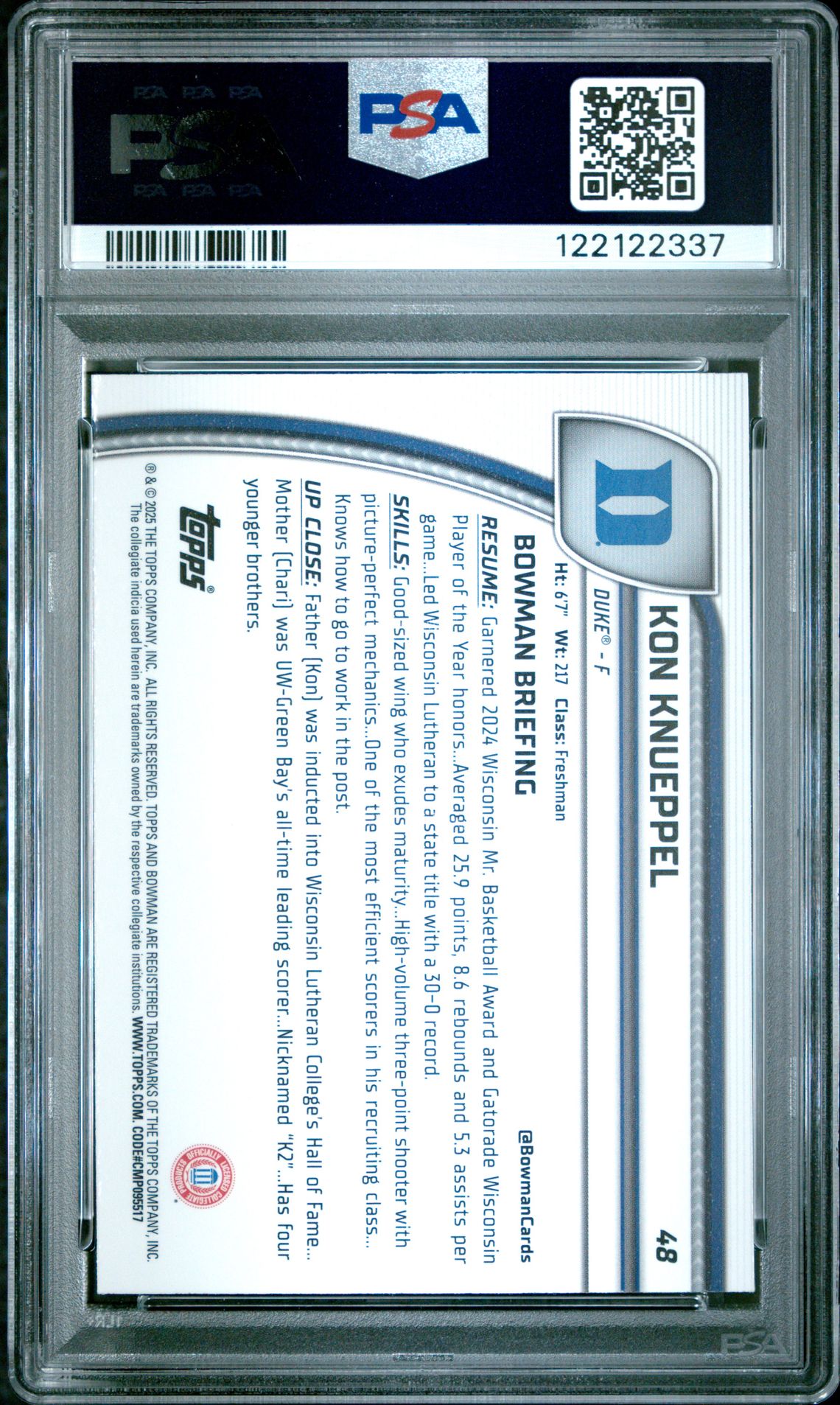 2024 Bowman Chrome University Kon Knueppel #48 (Purple Lava) Gem Mt 10 back