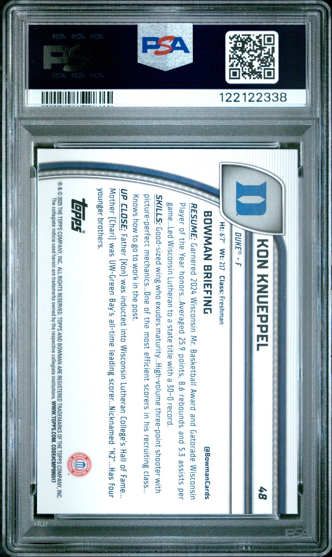 2024 Bowman Chrome University Kon Knueppel #48 (Blue Refractor) Mint 9 back