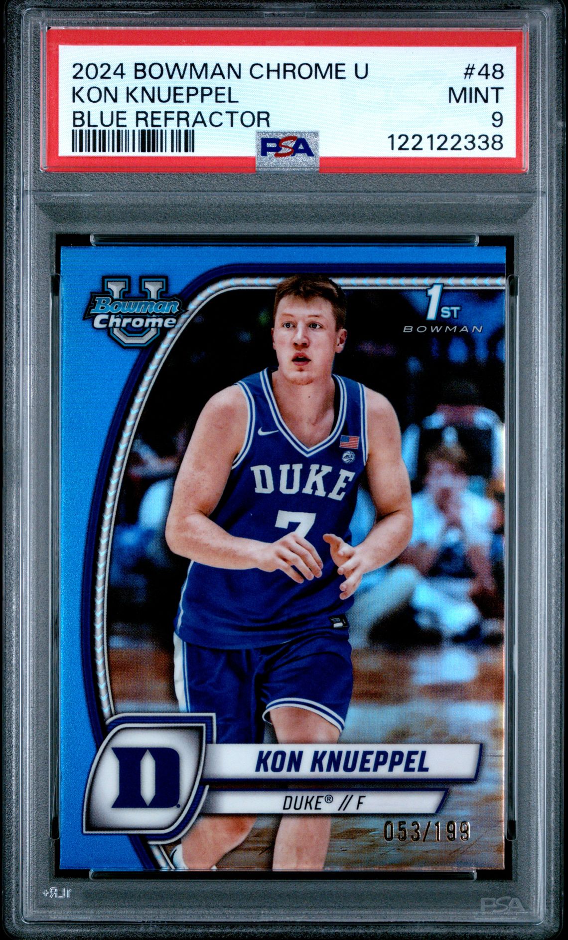 2024 Bowman Chrome University Kon Knueppel #48 (Blue Refractor) Mint 9 front