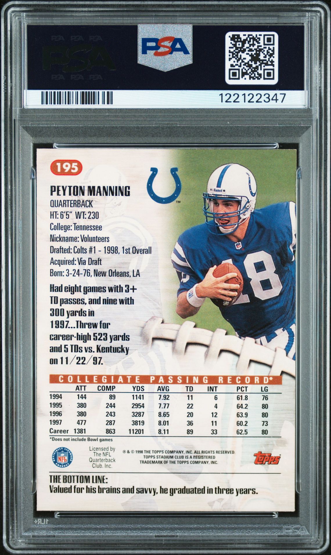 1998 Stadium Club Peyton Manning #195 Gem Mt 10 back