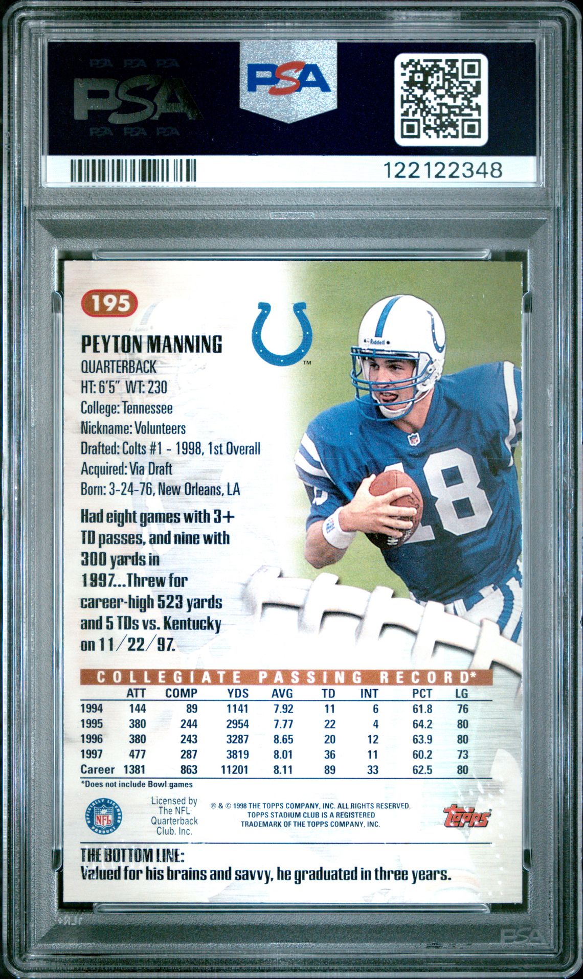 1998 Stadium Club Peyton Manning #195 Mint 9 back