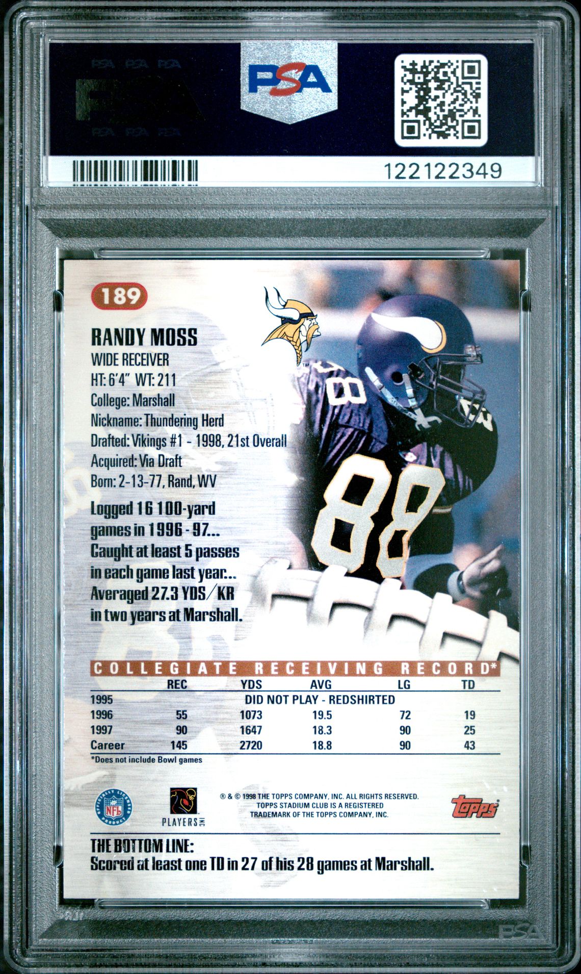 1998 Stadium Club Randy Moss #189 Mint 9 back