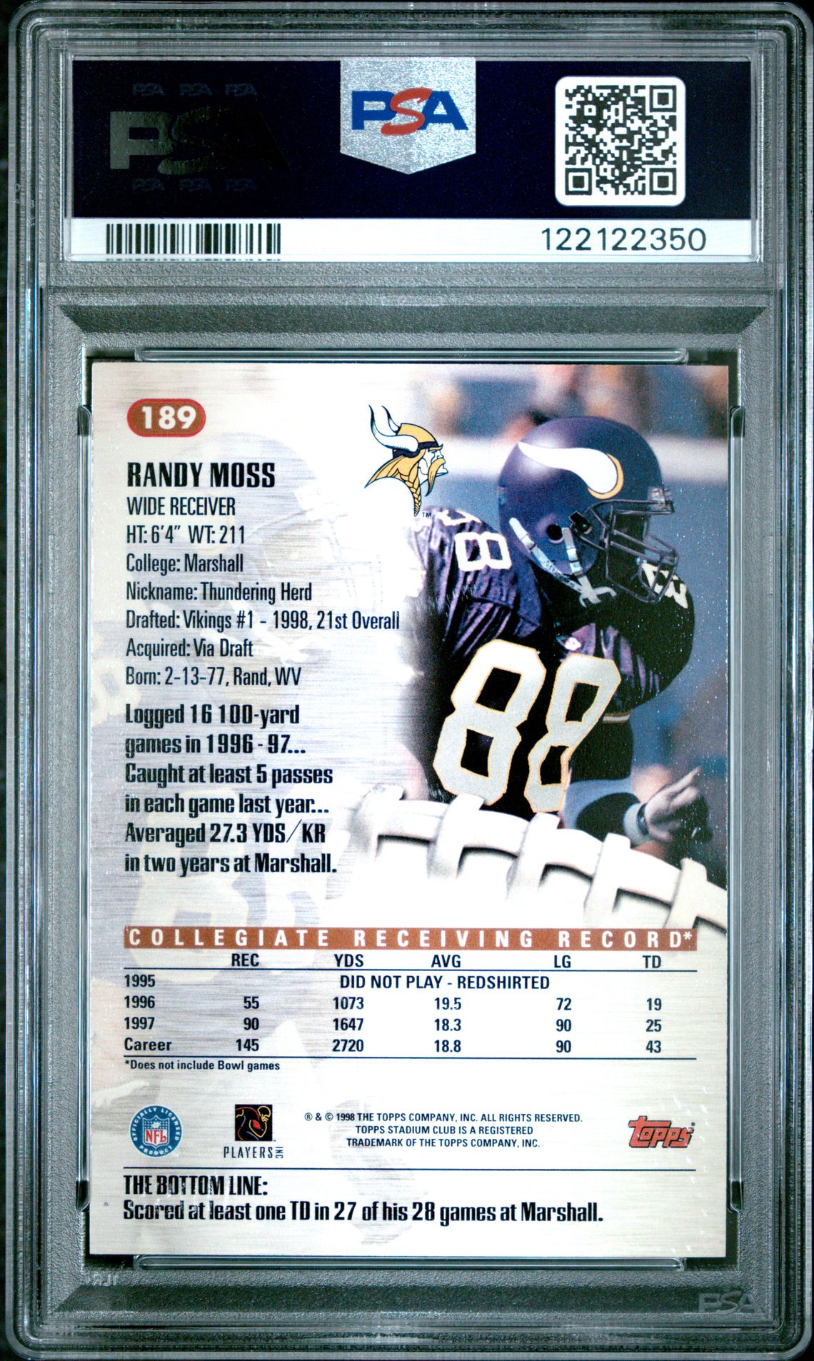 1998 Stadium Club Randy Moss #189 Nm-Mt 8 back