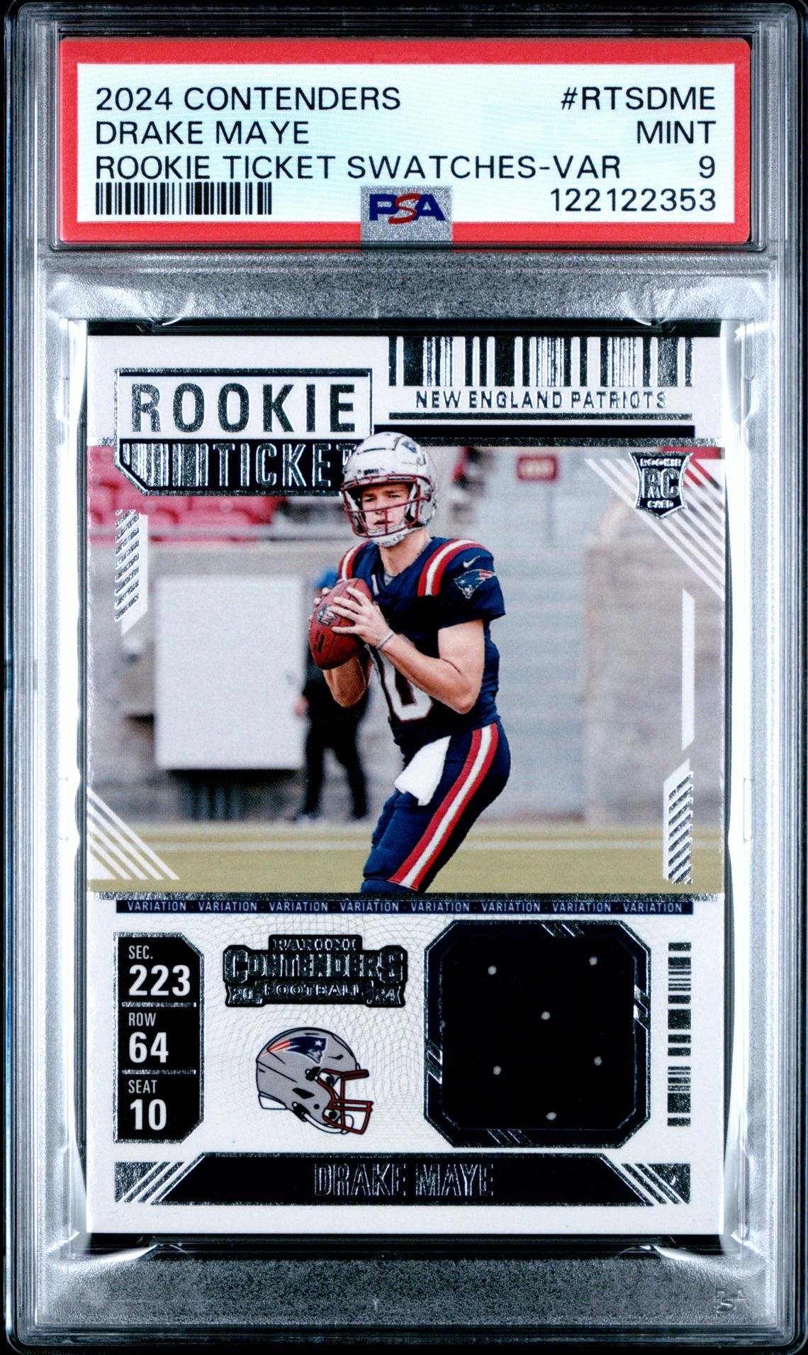 2024 Panini Contenders Rookie Ticket Swatches Drake Maye #Rtsdme (Rookie Ticket Swatches-Var) Mint 9 front