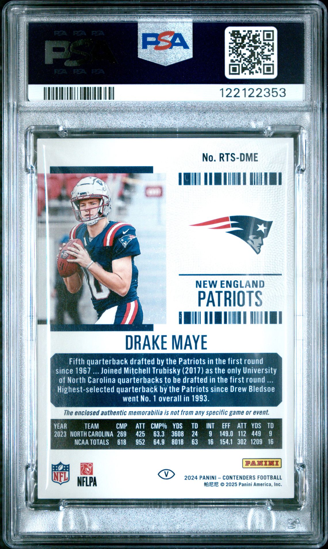 2024 Panini Contenders Rookie Ticket Swatches Drake Maye #Rtsdme (Rookie Ticket Swatches-Var) Mint 9 back