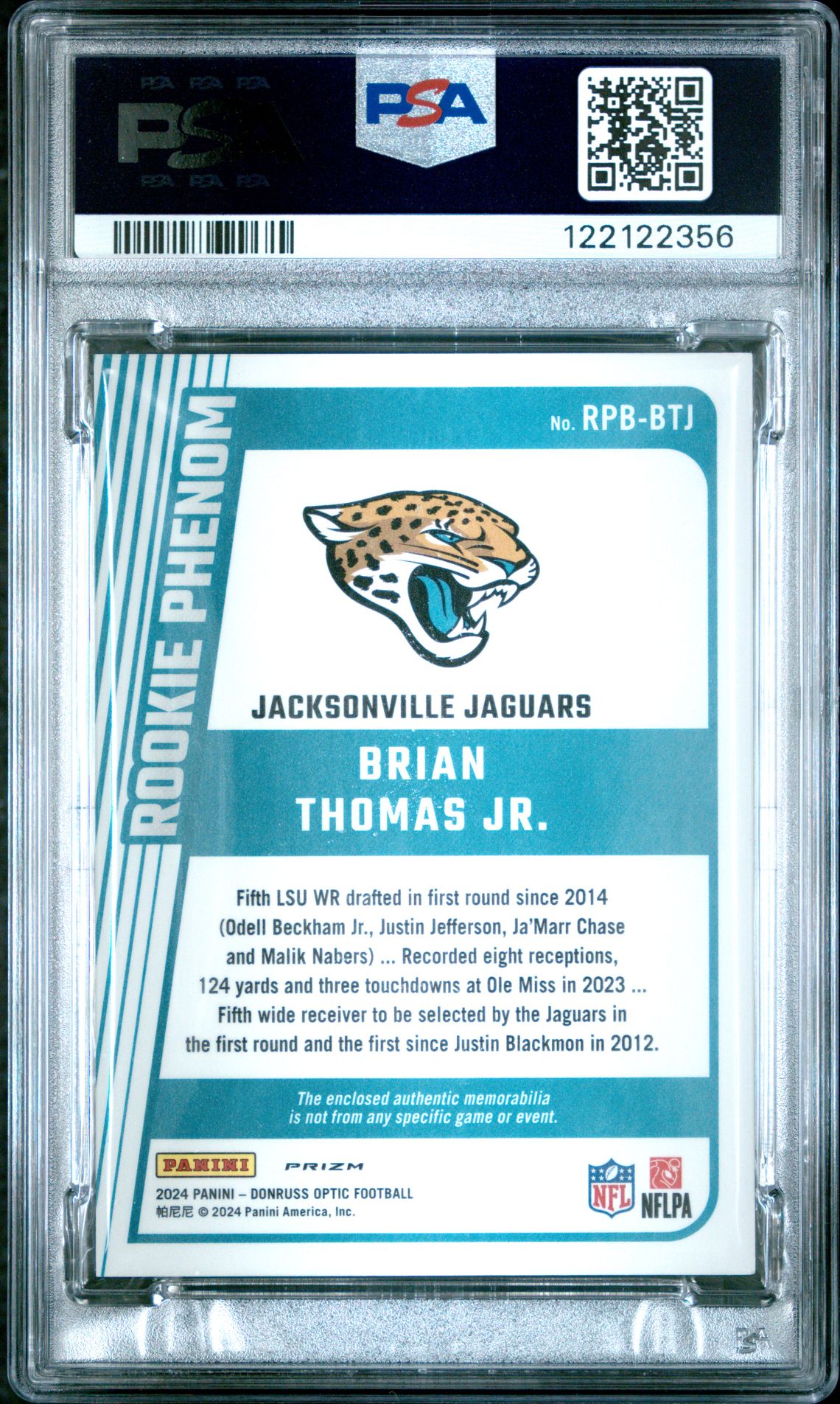 2024 Panini Donruss Optic Rookie Phenoms Relics Brian Thomas Jr. #Rpbbtj (Rookie Phenoms Relic) Gem Mt 10 back
