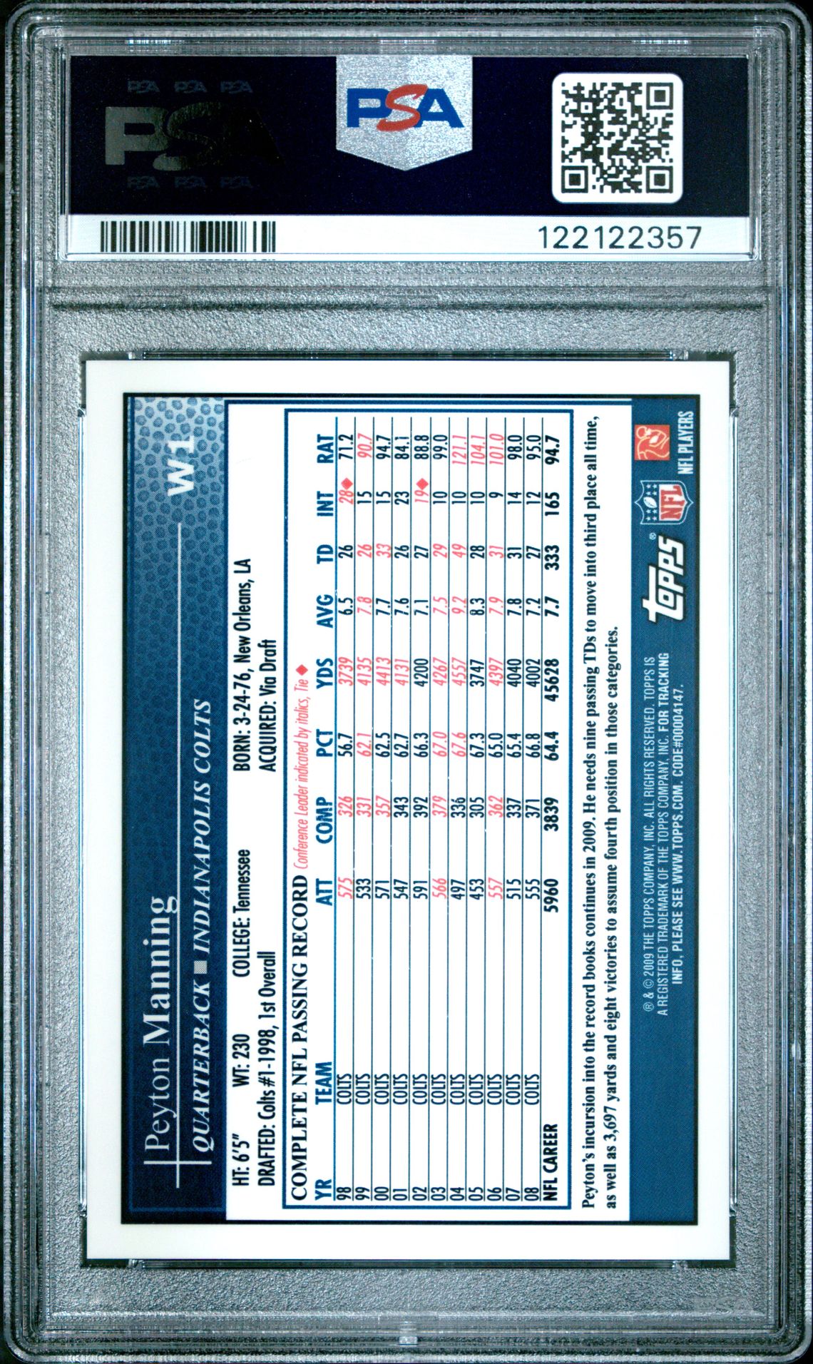 2009 Topps Wal-Mart Exclusive Factory Set Peyton Manning #W1 (Excl.factory Set-Gold Ref.) Mint 9 back