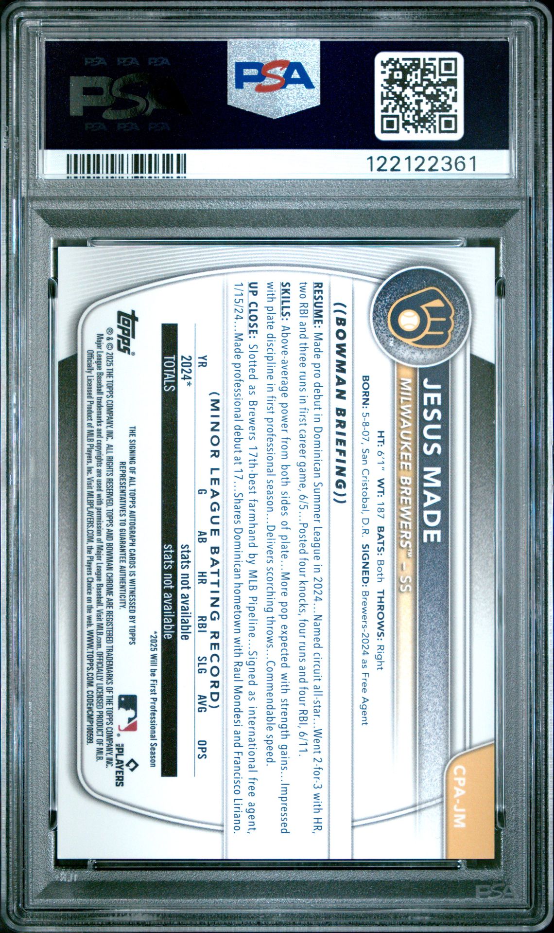 2025 Bowman Chrome Prospect Autographs Jesus Made #Cpajm Gem Mt 10 back