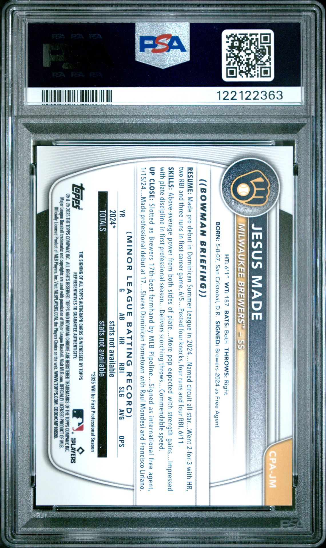 2025 Bowman Chrome Prospect Autographs Jesus Made #Cpajm Gem Mt 10 back