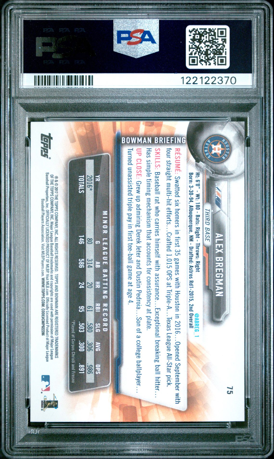 2018 Topps Archives Signature Series Active Players Edition Alex Bregman #75 (Actv.pl.ed.-2017 Bowman) Gem Mt 10 back