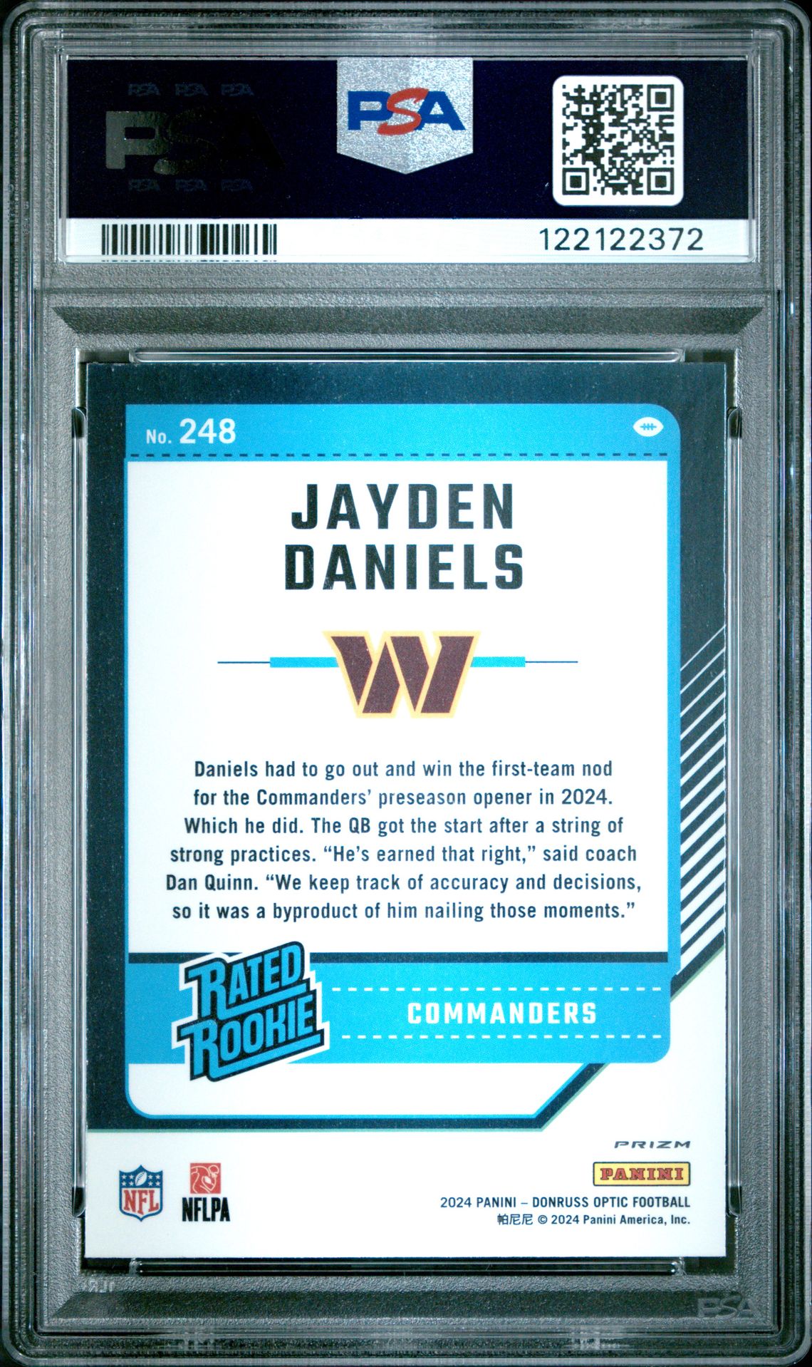 2024 Panini Donruss Optic Jayden Daniels #248 (Holo) Mint 9 back