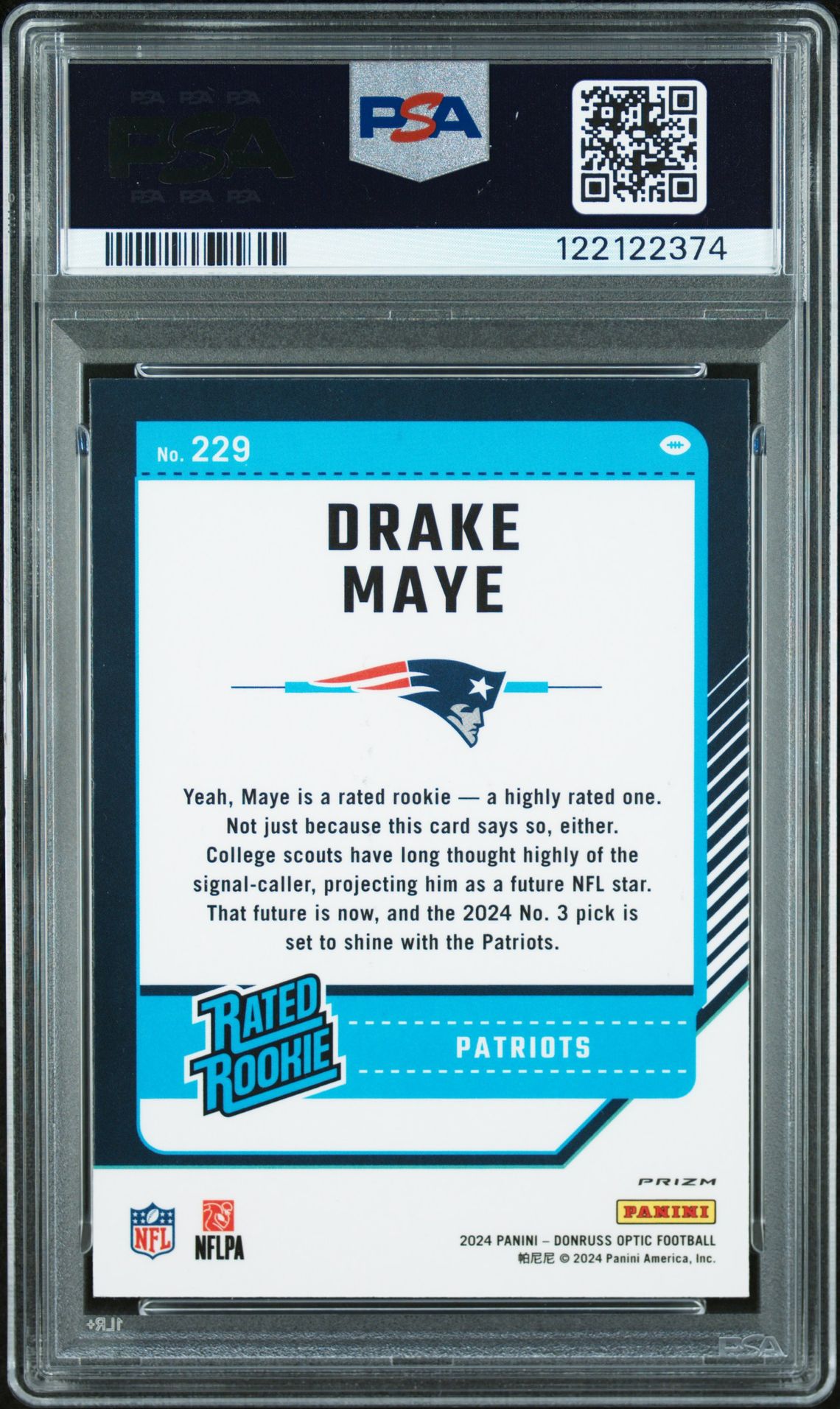 2024 Panini Donruss Optic Drake Maye #229 (Holo) Mint 9 back