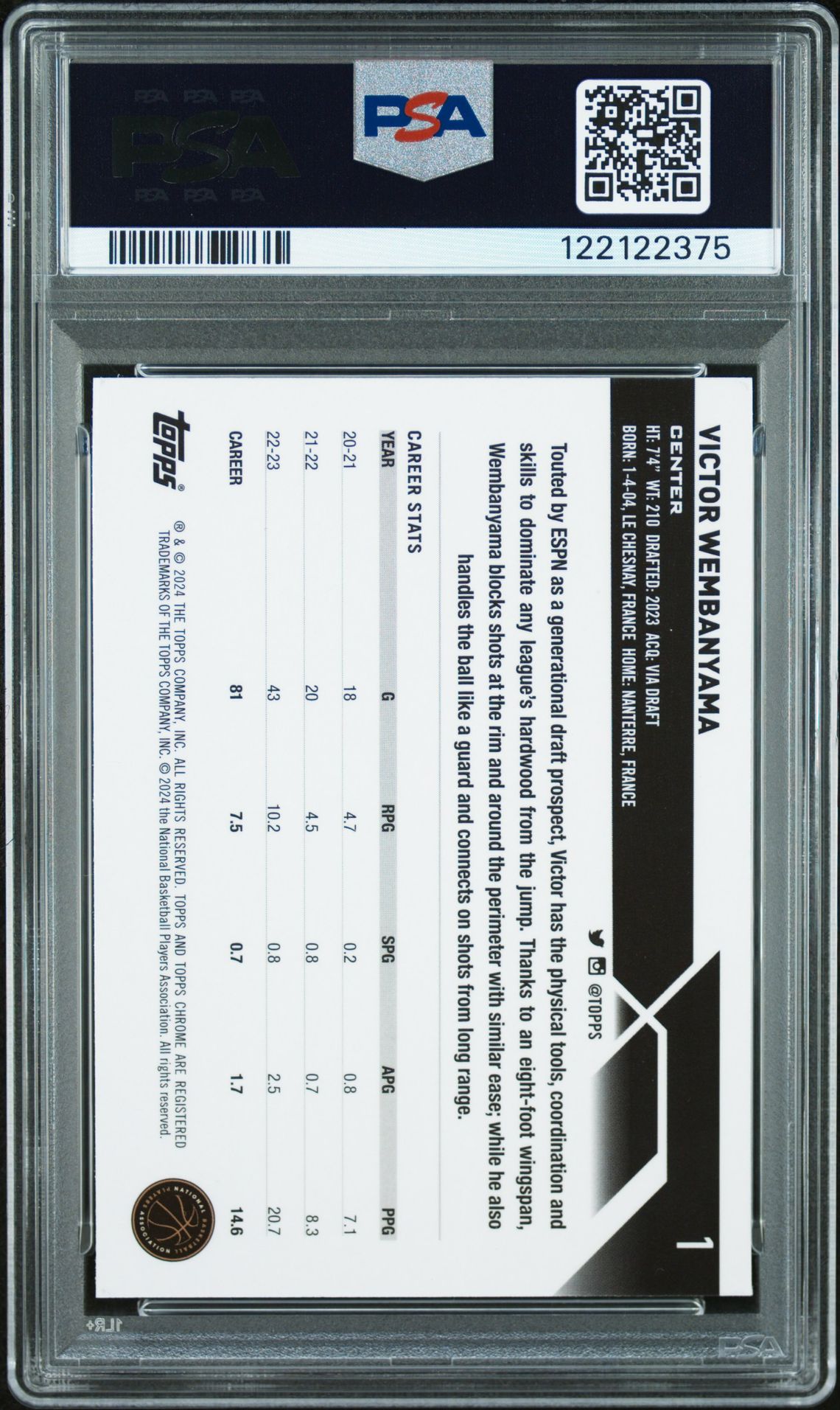 2023 Topps Chrome Victor Wembanyama #1 Gem Mt 10 back