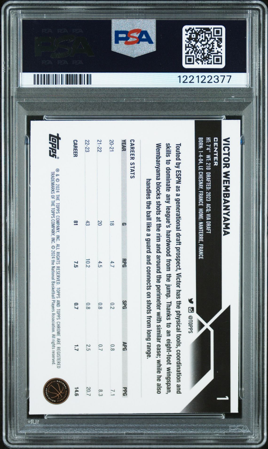 2023 Topps Chrome Victor Wembanyama #1 (Blue Basketball Refractor) Gem Mt 10 back