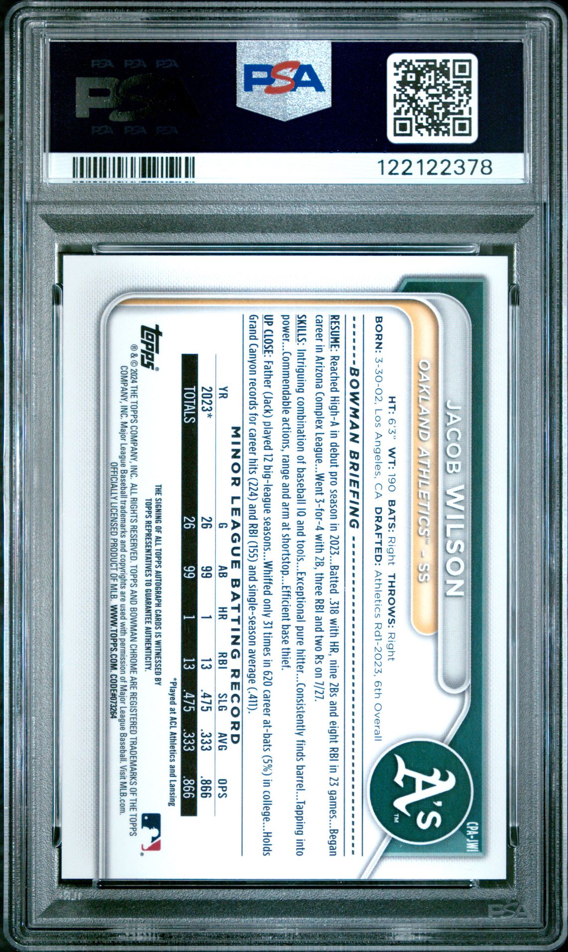 2024 Bowman Chrome Prospect Autographs Jacob Wilson #Cpajwi Mint 9 back