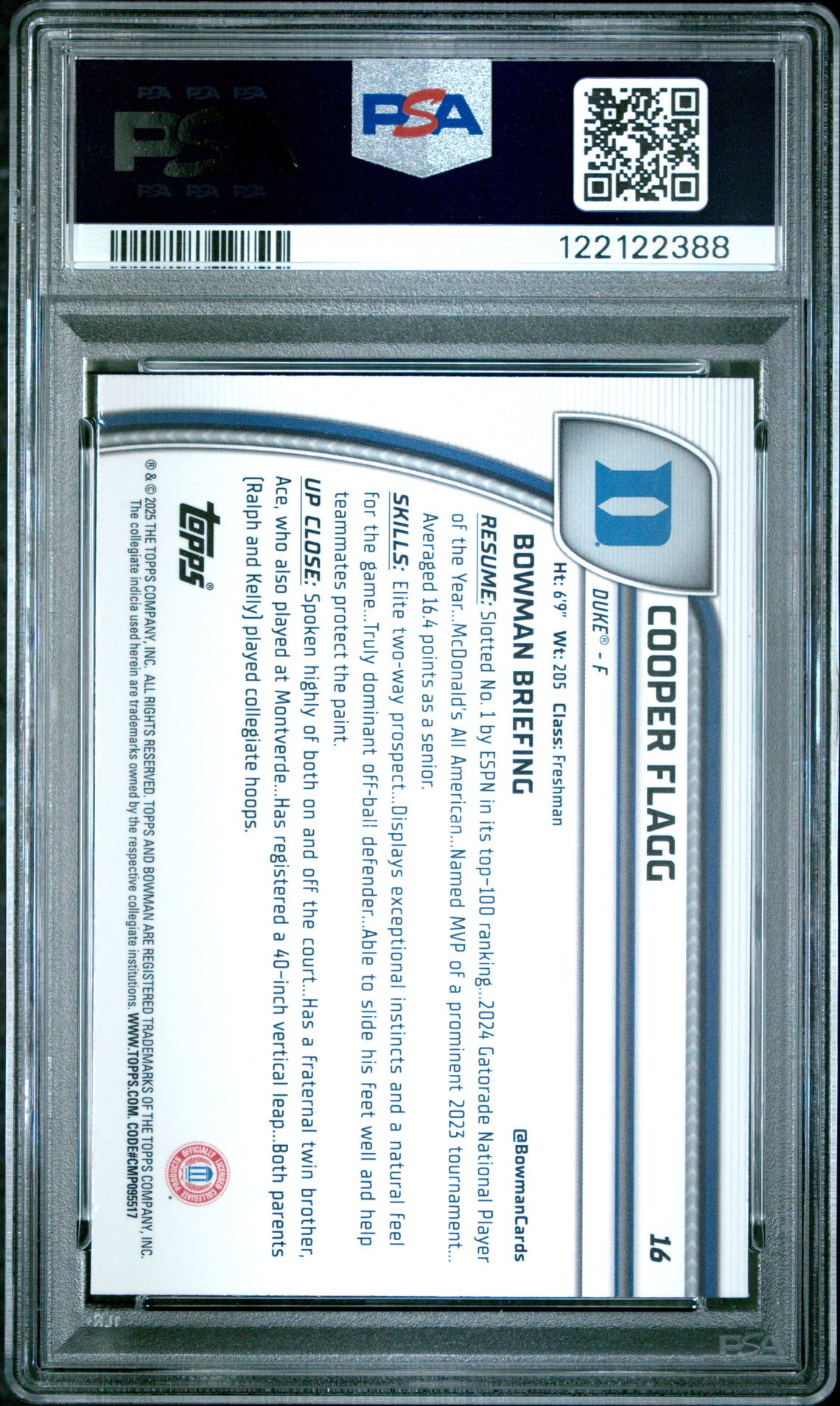 2024 Bowman Chrome University Cooper Flagg #16 (Green Shimmer) Gem Mt 10 back