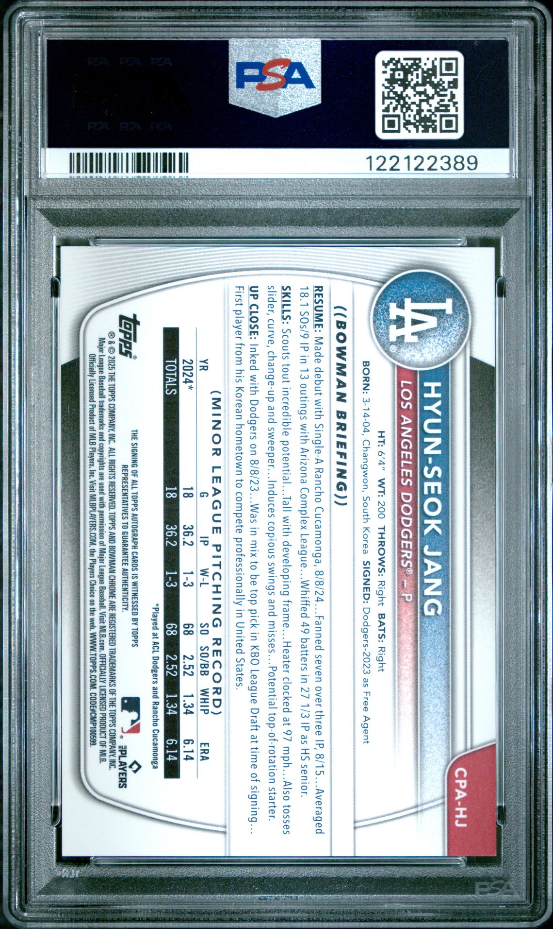 2025 Bowman Chrome Prospect Autographs Hyun-Seok Jang #Cpahj (Chr Pros Au-Hta Choice Ref) Gem Mt 10 back