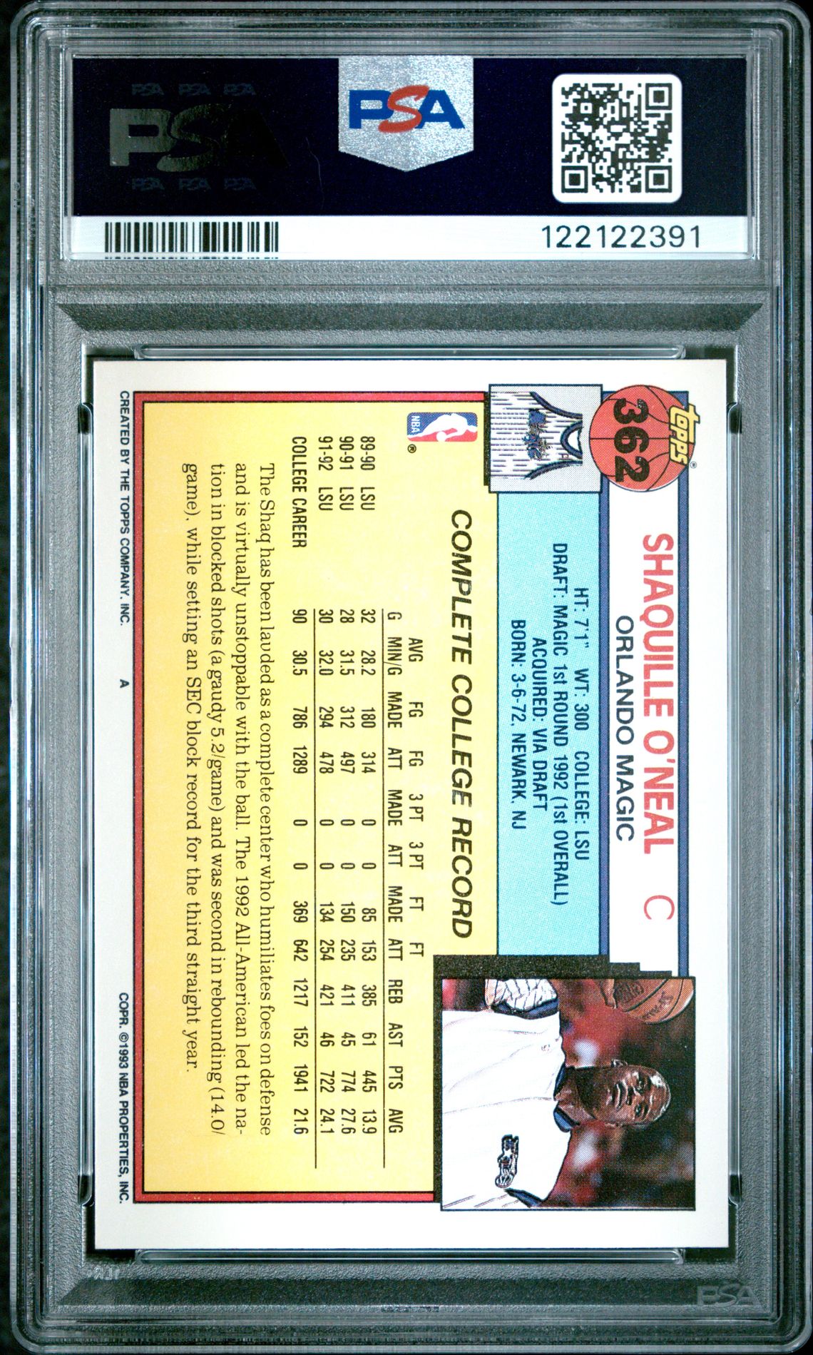 1992 Topps Shaquille O'neal #362 Mint 9 back