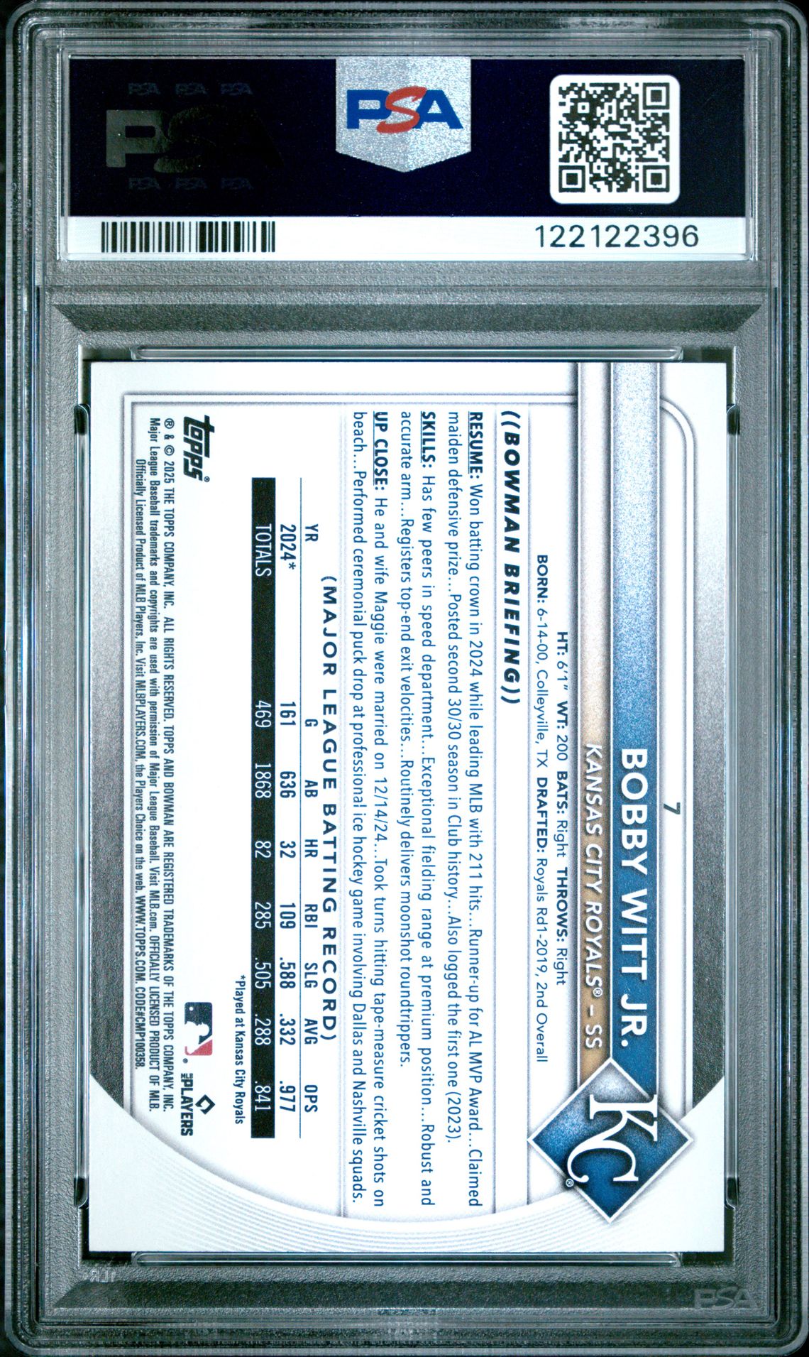 2025 Bowman Bobby Witt Jr. #7 (Blue Pattern) Mint 9 back