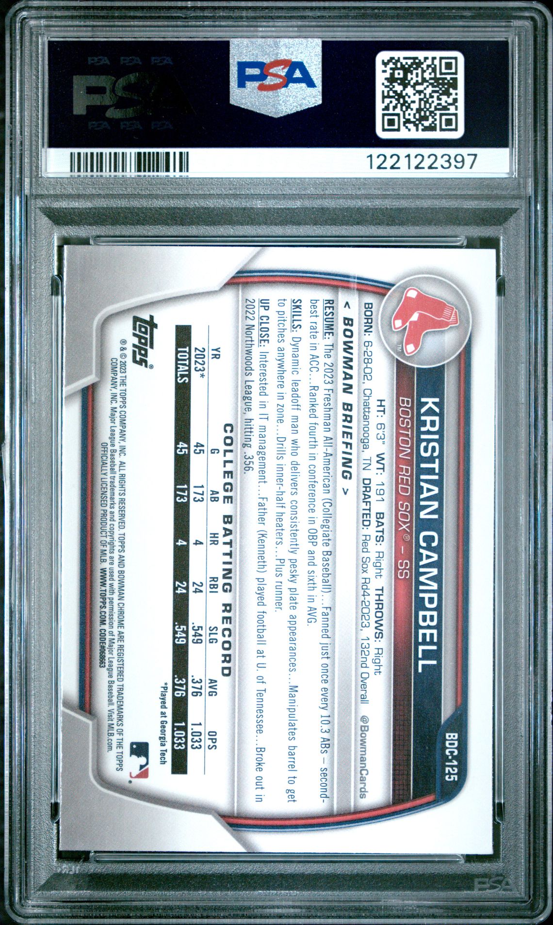 2023 Bowman Draft Kristian Campbell #Bdc125 (Chrome-Sparkle Refractor) Gem Mt 10 back