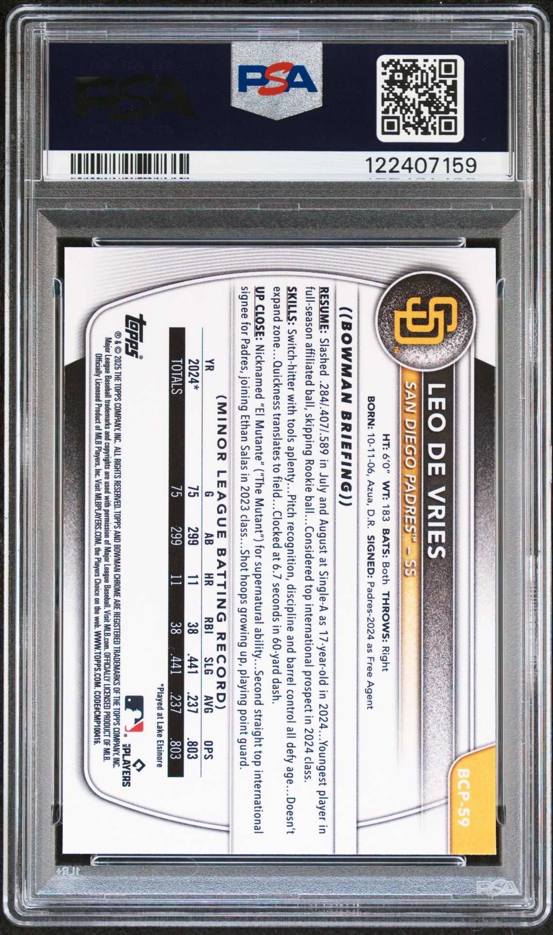 2025 Bowman Chrome Prospects Leo De Vries #Bcp59 (Chrome Pros-Reptilian Ref) Gem Mt 10 back