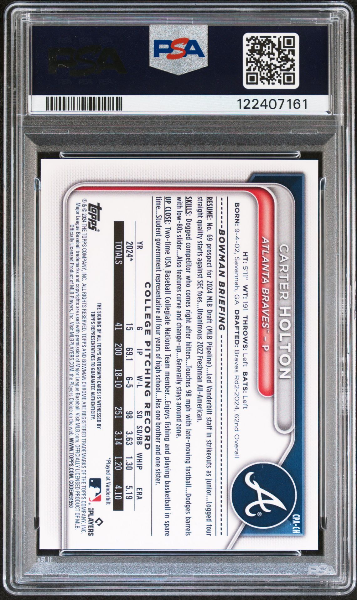 2024 Bowman Draft Chrome Prospect Autographs Carter Holton #Cpach Gem Mt 10 back