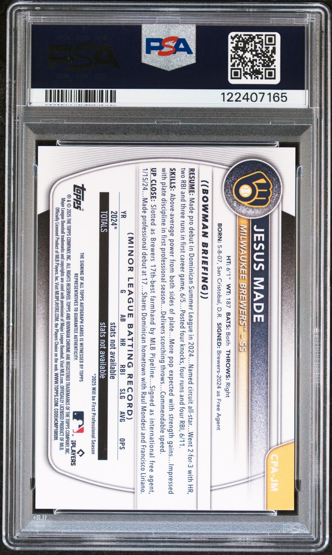 2025 Bowman Chrome Prospect Autographs Jesus Made #Cpajm (Chrome Prospect Au-Mini Dia) Gem Mt 10 back