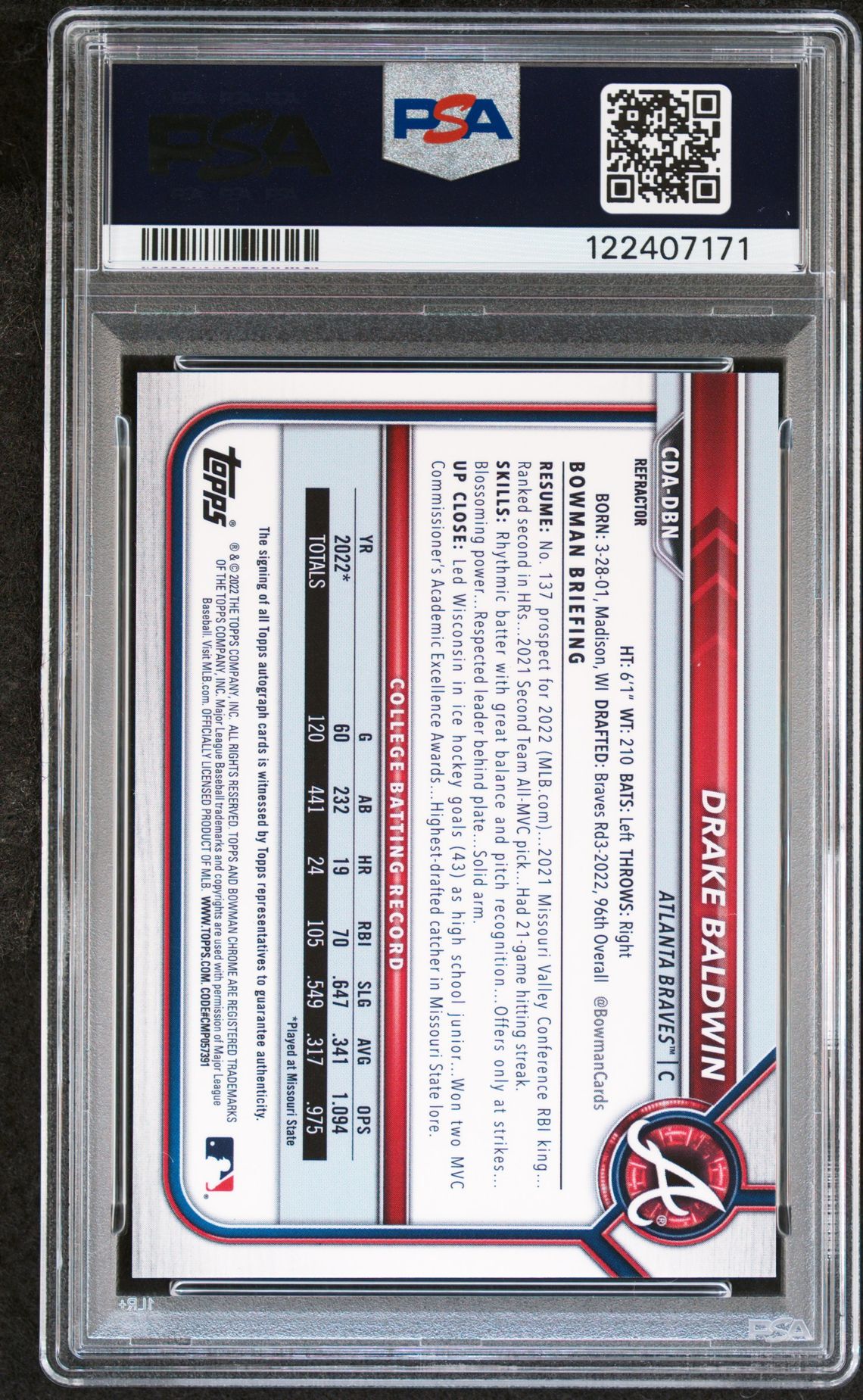 2022 Bowman Draft Chrome Draft Pick Autographs Drake Baldwin #Cdadbn (Chrome Dp Auto-Refractor) Gem Mt 10 back