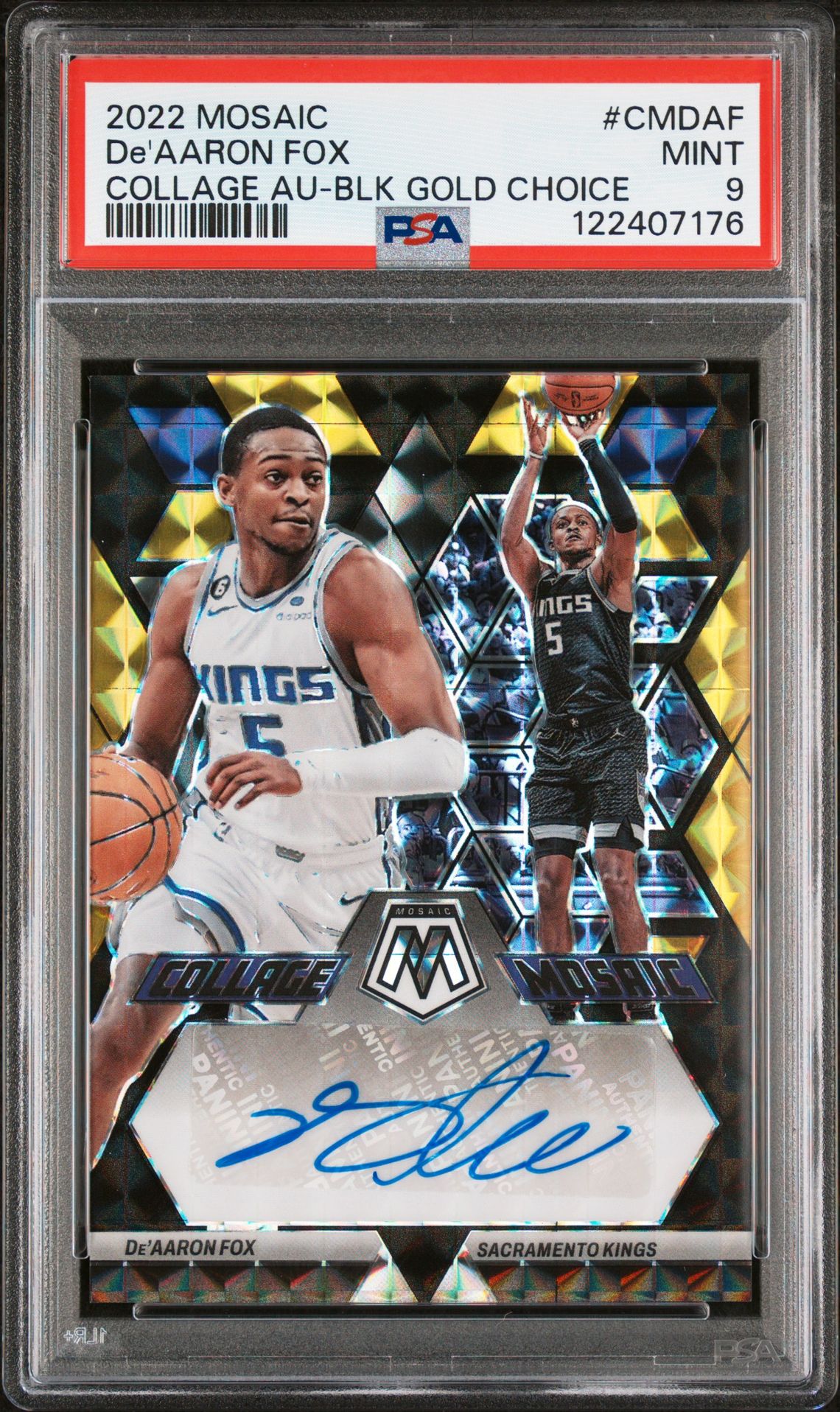 2022 Panini Mosaic Collage Autographs Mosaic De'aaron Fox #Cmdaf (Collage Au-Blk Gold Choice) Mint 9 front