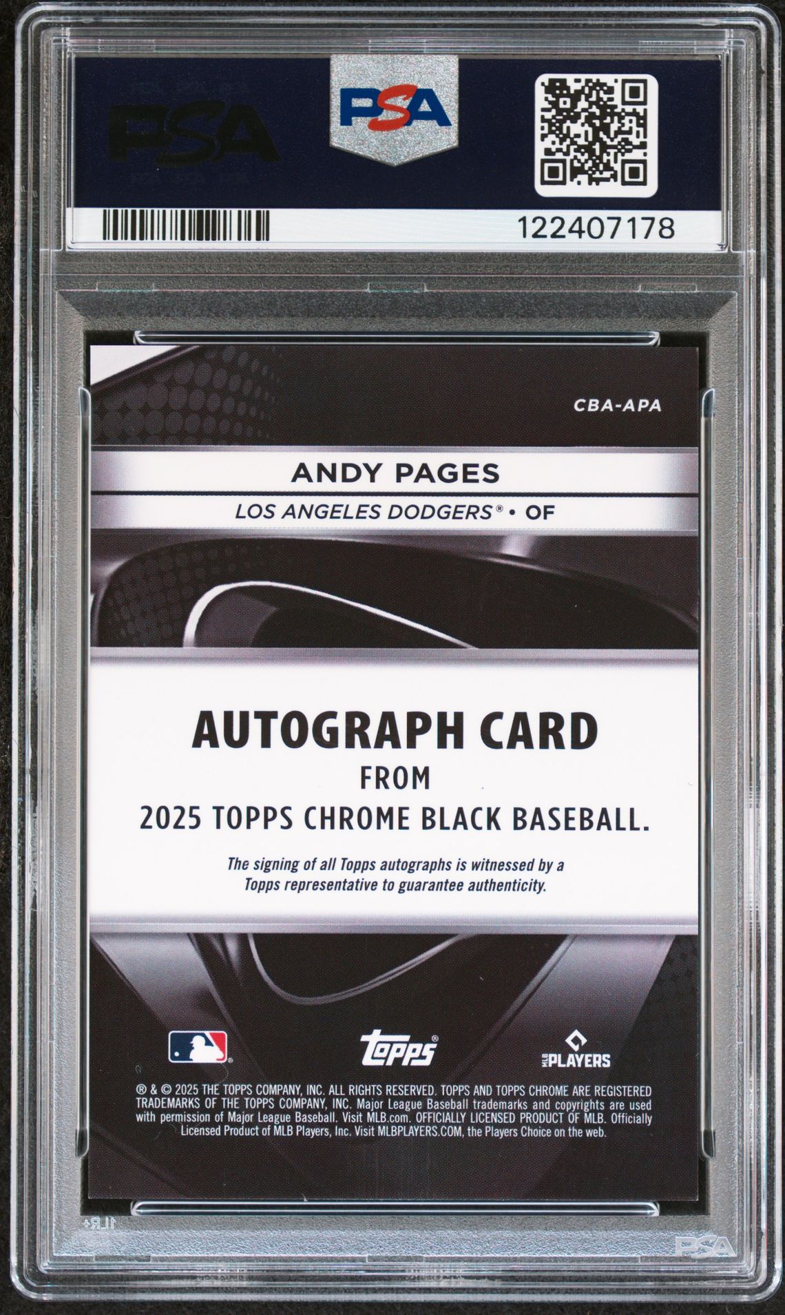 2025 Topps Chrome Black Autographs Andy Pages #Apa (Autograph-Gold Refractor) Gem Mt 10 back