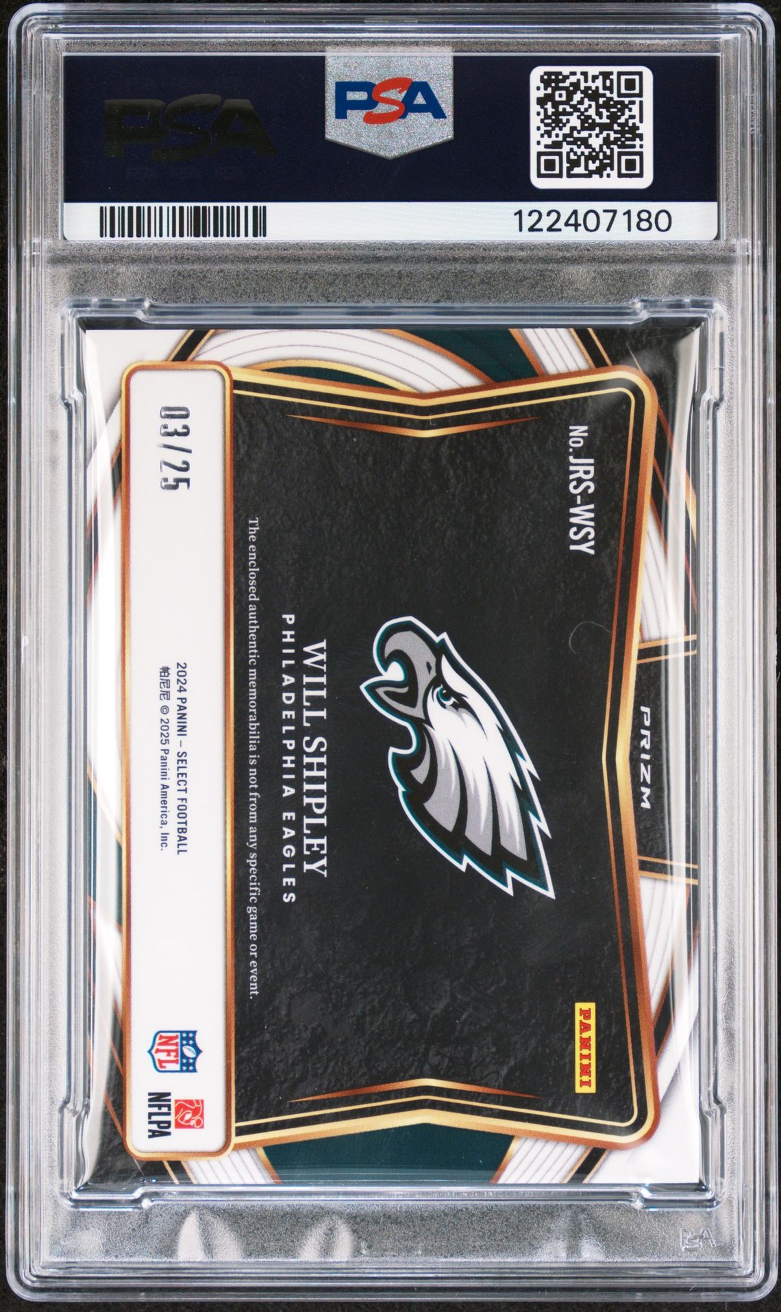 2024 Panini Select Jumbo Rookie Swatch Will Shipley #Jrswsy (Jumbo Rk Sw-Tie-Dye Prizm) Mint 9 back