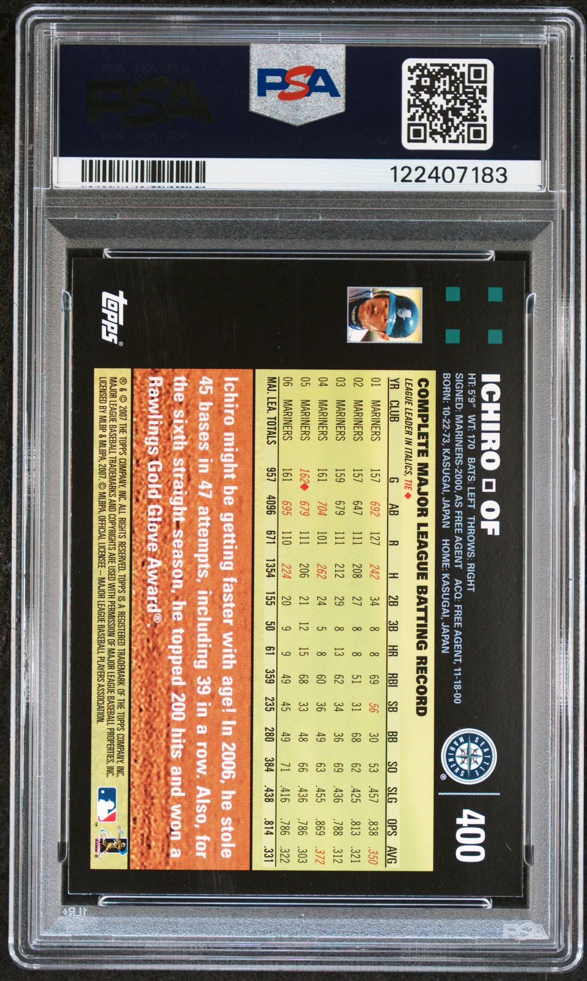 2007 Topps Ichiro #400 Mint 9 back