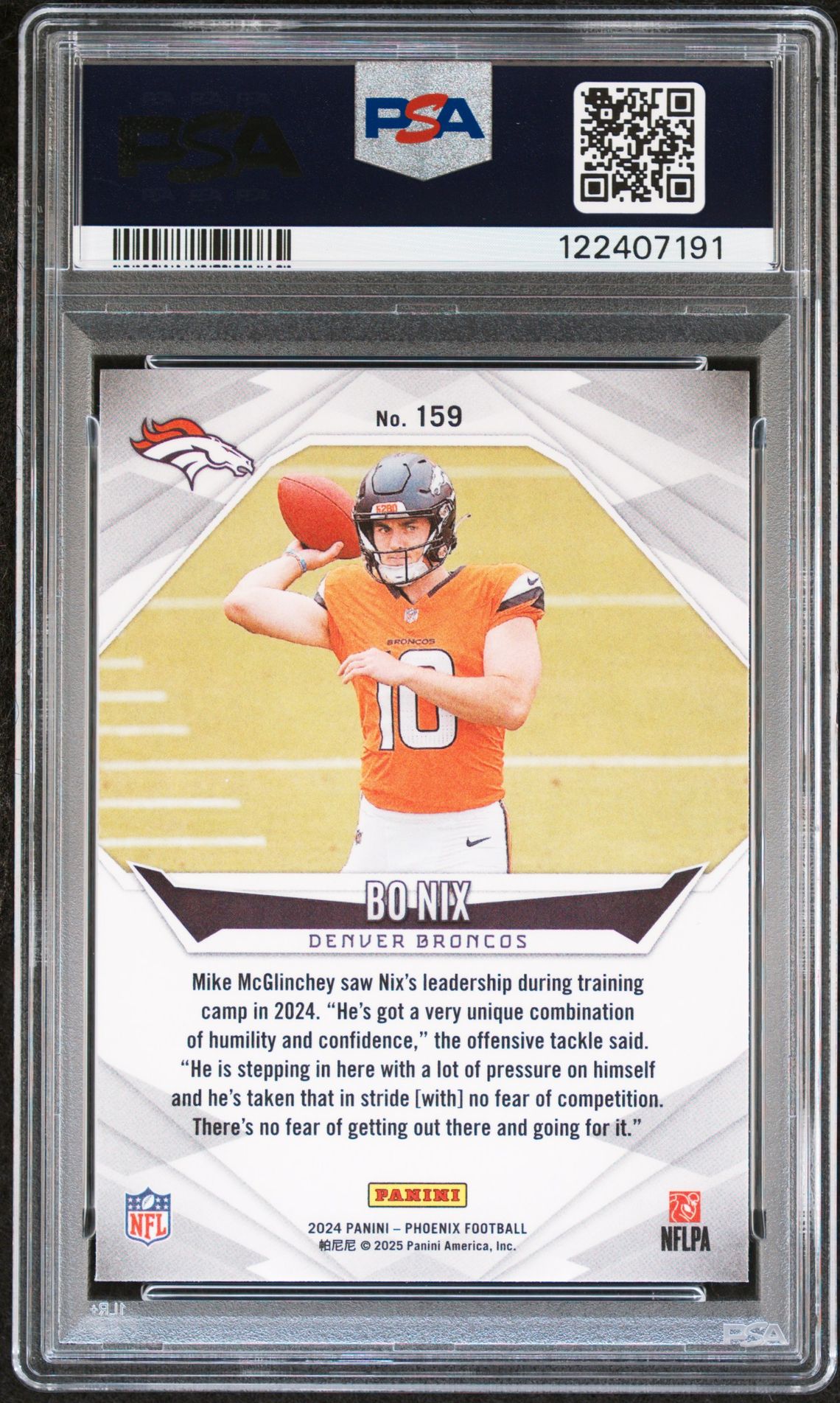 2024 Panini Phoenix Bo Nix #159 (Purple) Gem Mt 10 back