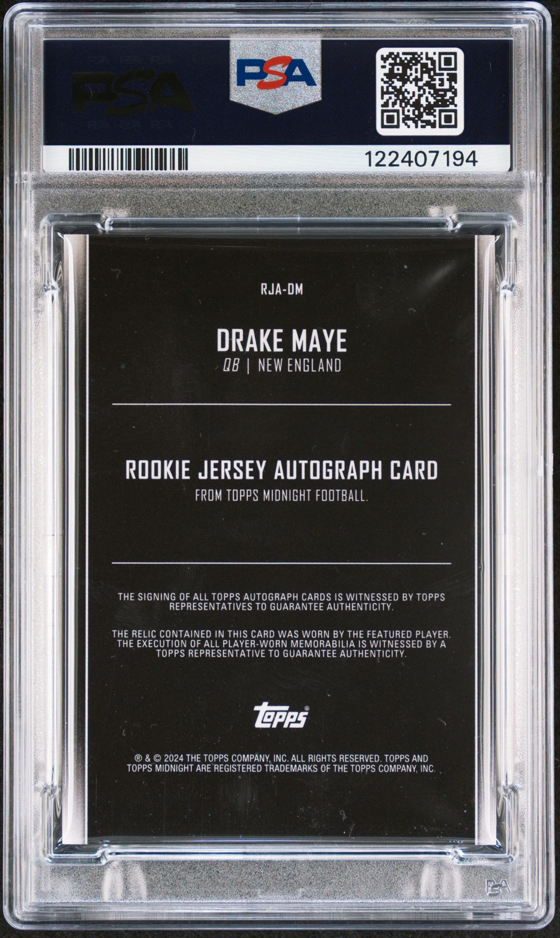 2024 Topps Midnight Rookie Jersey Autographs Drake Maye #Rjadm (Rk Jsy Auto-Winter Solstice) Mint 9 back