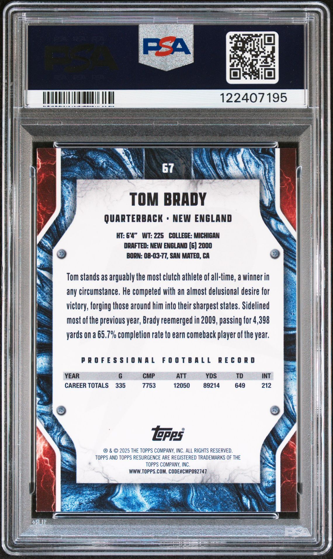 2024 Topps Resurgence Tom Brady #67 (High Voltage) Gem Mt 10 back